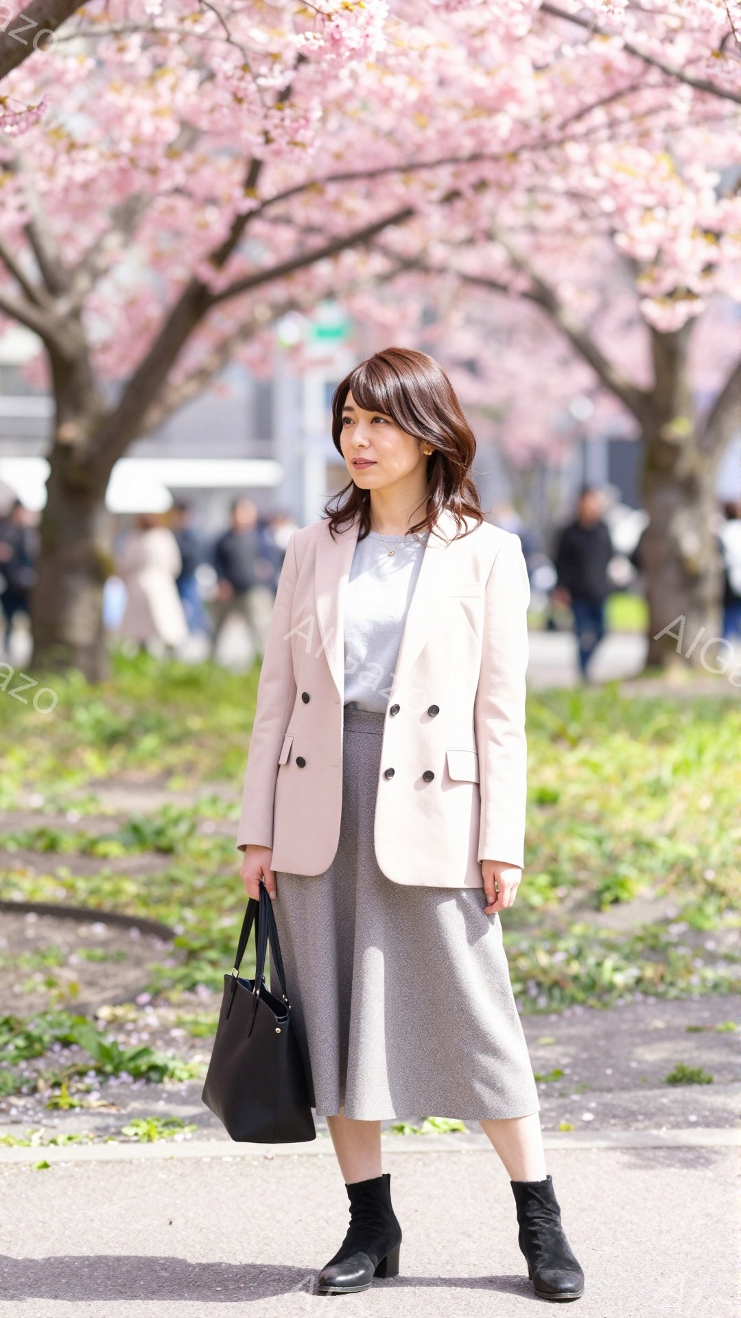 画像には、桜並木の道に立つ女性が写っています。彼女はベージュのテーラードジャケット、グレーのミディスカート、黒のアンクルブーツを着用し、黒いハンドバッグを持っています。桜の花びらが舞い散る中、彼女は少 - AI生成フリー素材