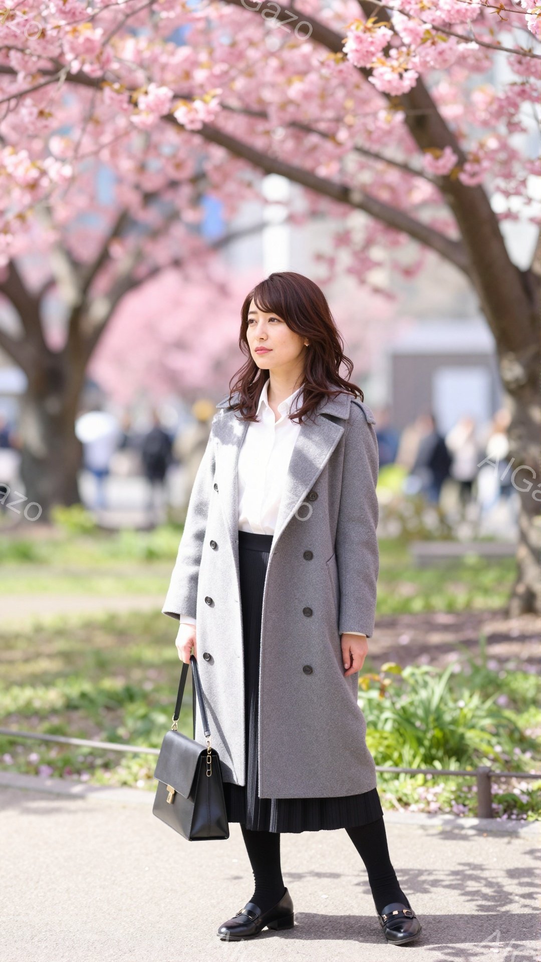 灰色のロングコートを羽織った女性が、黒のスカートとタイツ、そして黒のローファーを履いて立っている。彼女は少し微笑んでおり、黒のハンドバッグを持っています。背景には、満開の桜並木と緑の芝生、そしてぼんやりと見える建物があり、春の穏やかな日差しの中で、上品で落ち着いた雰囲気を醸し出しています。