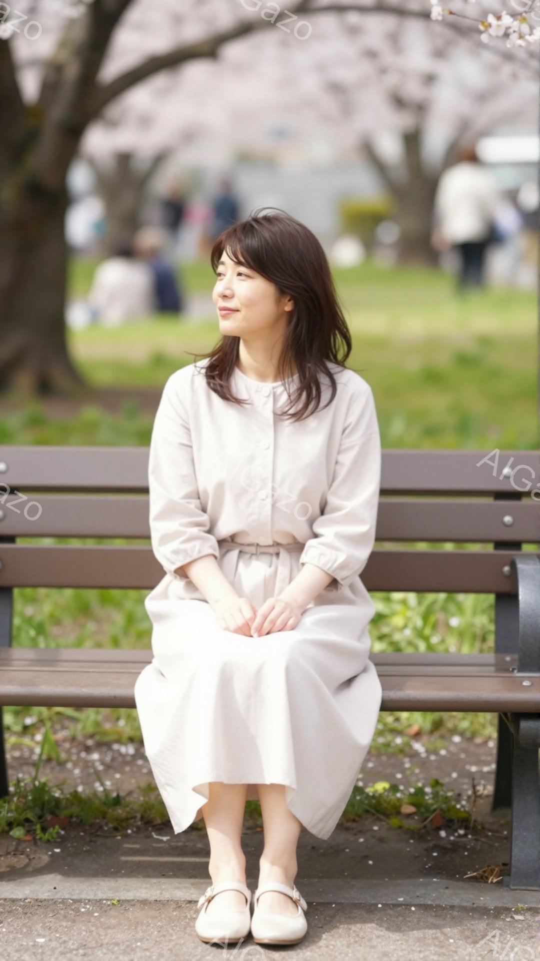 薄いピンク色のワンピースを着た若い女性が公園のベンチに座っています。彼女は少し微笑んでおり、優しい表情をしています。背景には桜の木々と緑の芝生があり、春の穏やかな日であることがわかります。