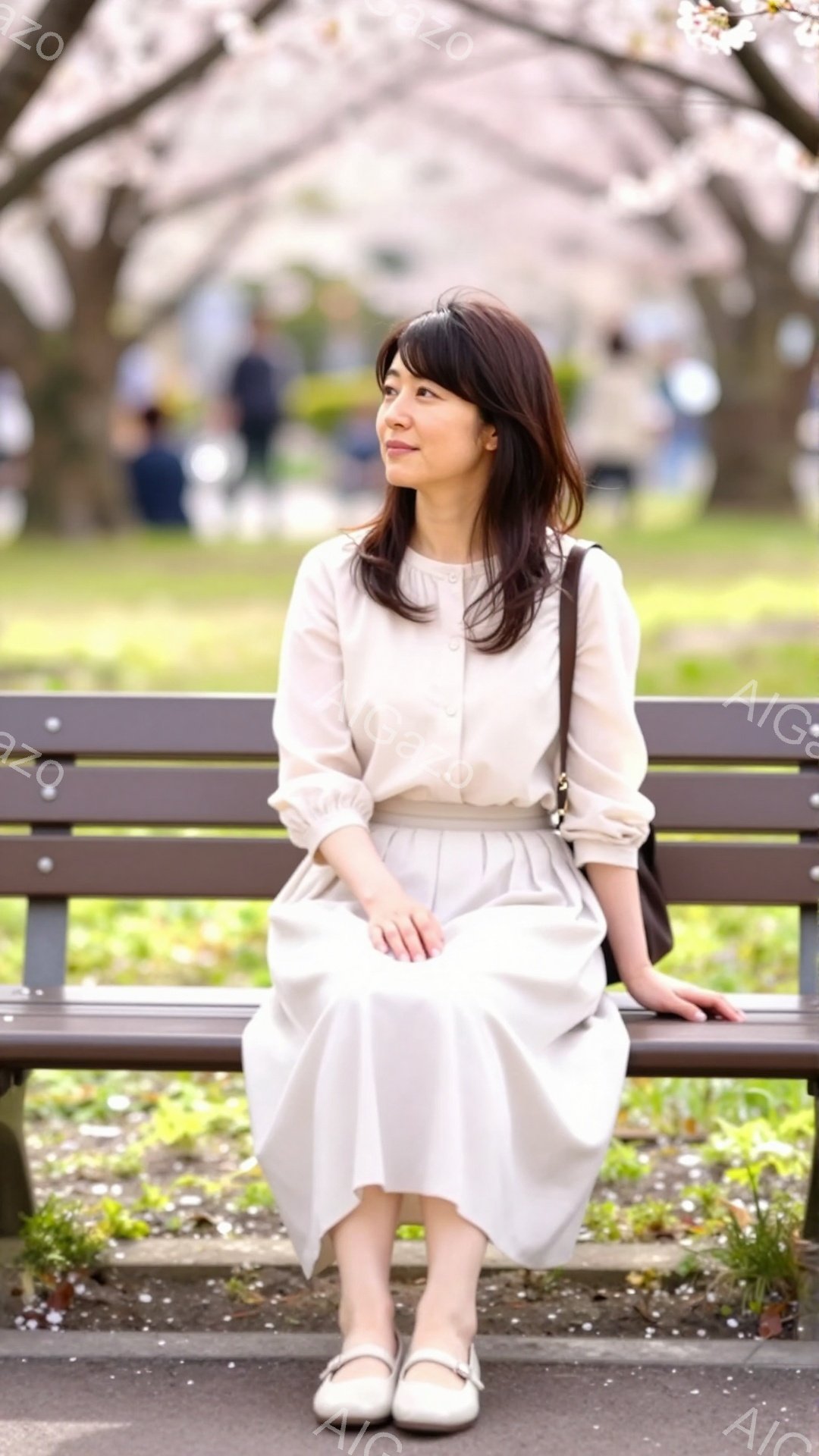 浅いベージュ色のブラウスとスカートを身に着けた女性が、公園のベンチに座って遠くを見つめています。彼女は黒髪で、少し微笑んだ表情をしており、足元には白いパンプスを履いています。背景には桜の木々が咲き誇り、春の穏やかな陽気を感じさせる、優雅で平和な雰囲気の風景です。