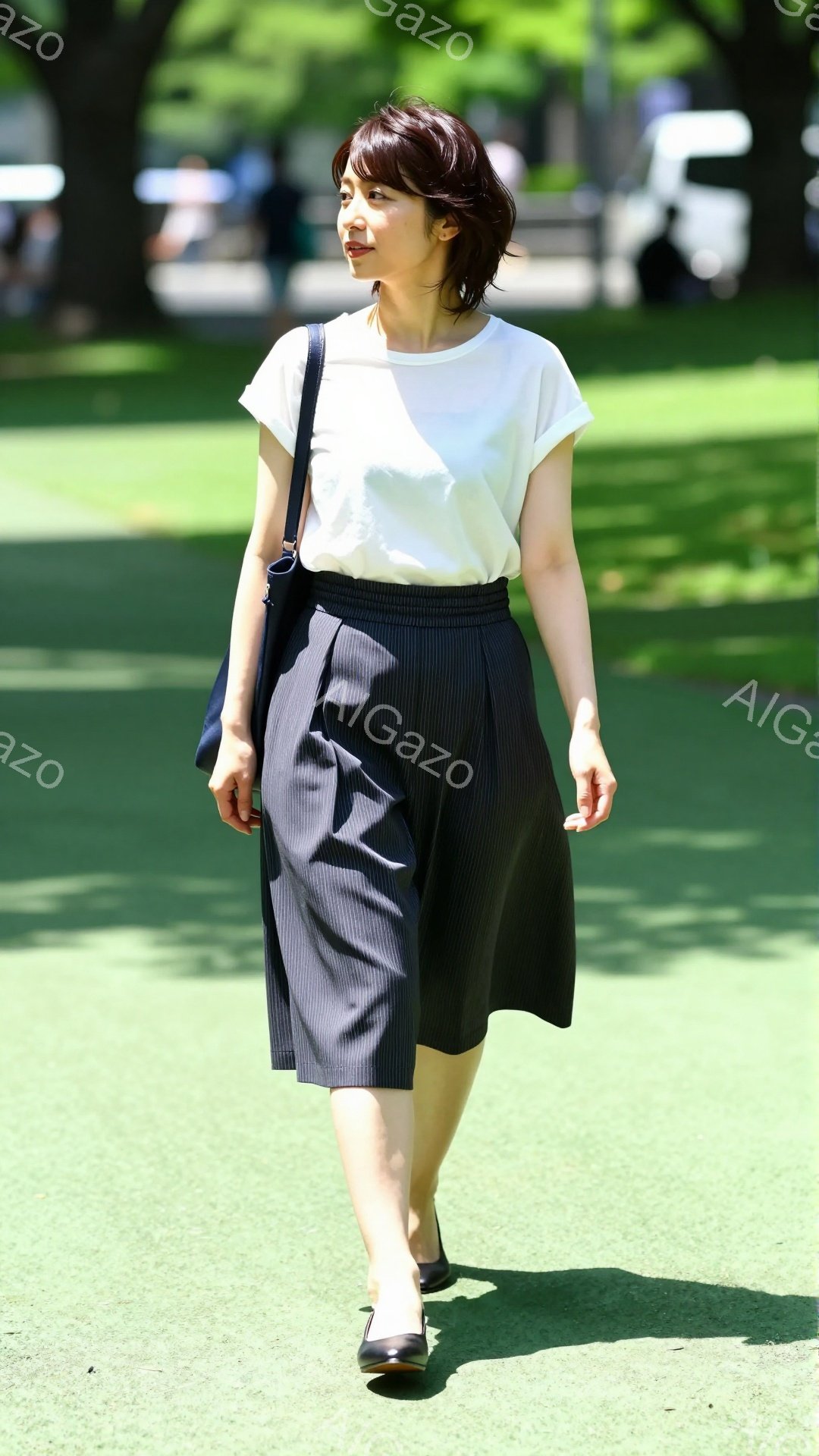 画像は、緑色の芝生の上を歩く女性を捉えています。彼女は白いTシャツとストライプのワイドパンツを着用し、黒いハンドバッグを持っています。背景には木々が見え、晴れた日の穏やかな雰囲気が漂っています。 - AI生成フリー素材