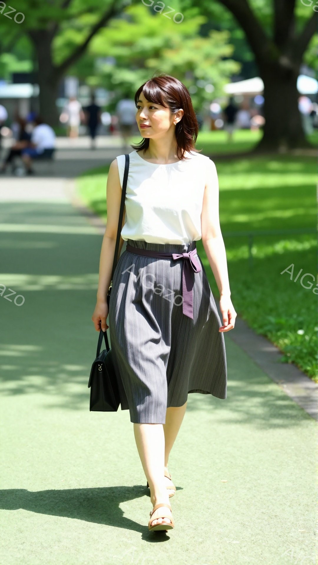 画像には、緑豊かな公園を歩く女性が写っています。彼女は白いトップスにストライプのスカートを合わせ、紫色のリボンでウエストマークしています。少し微笑んでおり、足元はサンダル履きで、リラックスした雰囲気で - AI生成フリー素材