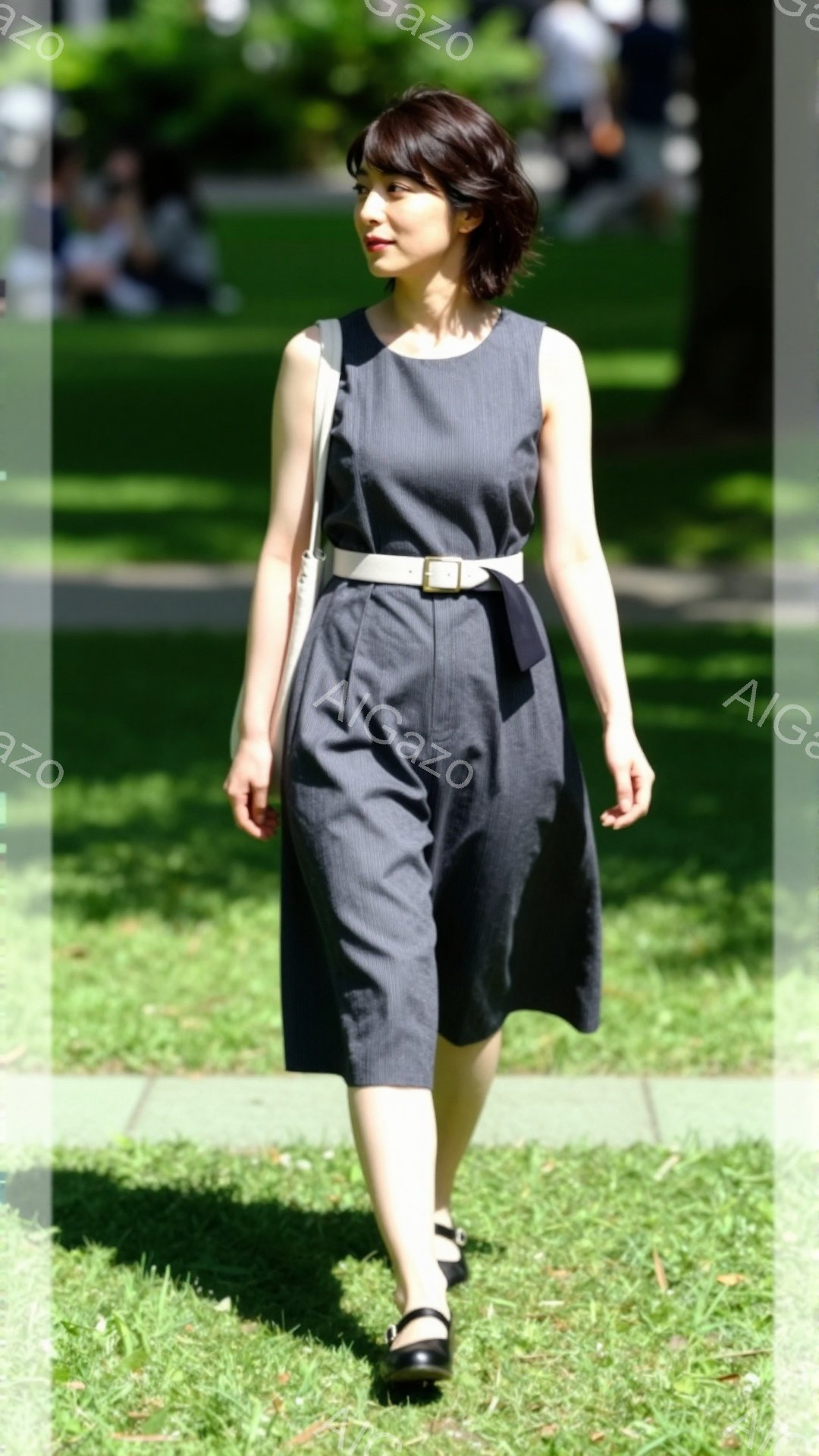 画像には、ストライプのワンピースにベルトを巻いた女性が写っています。彼女は黒い靴を履き、少し微笑みながら緑豊かな芝生の上を歩いています。背景には、緑の木々と晴れた空が広がり、穏やかで明るい雰囲気を醸し出しています。