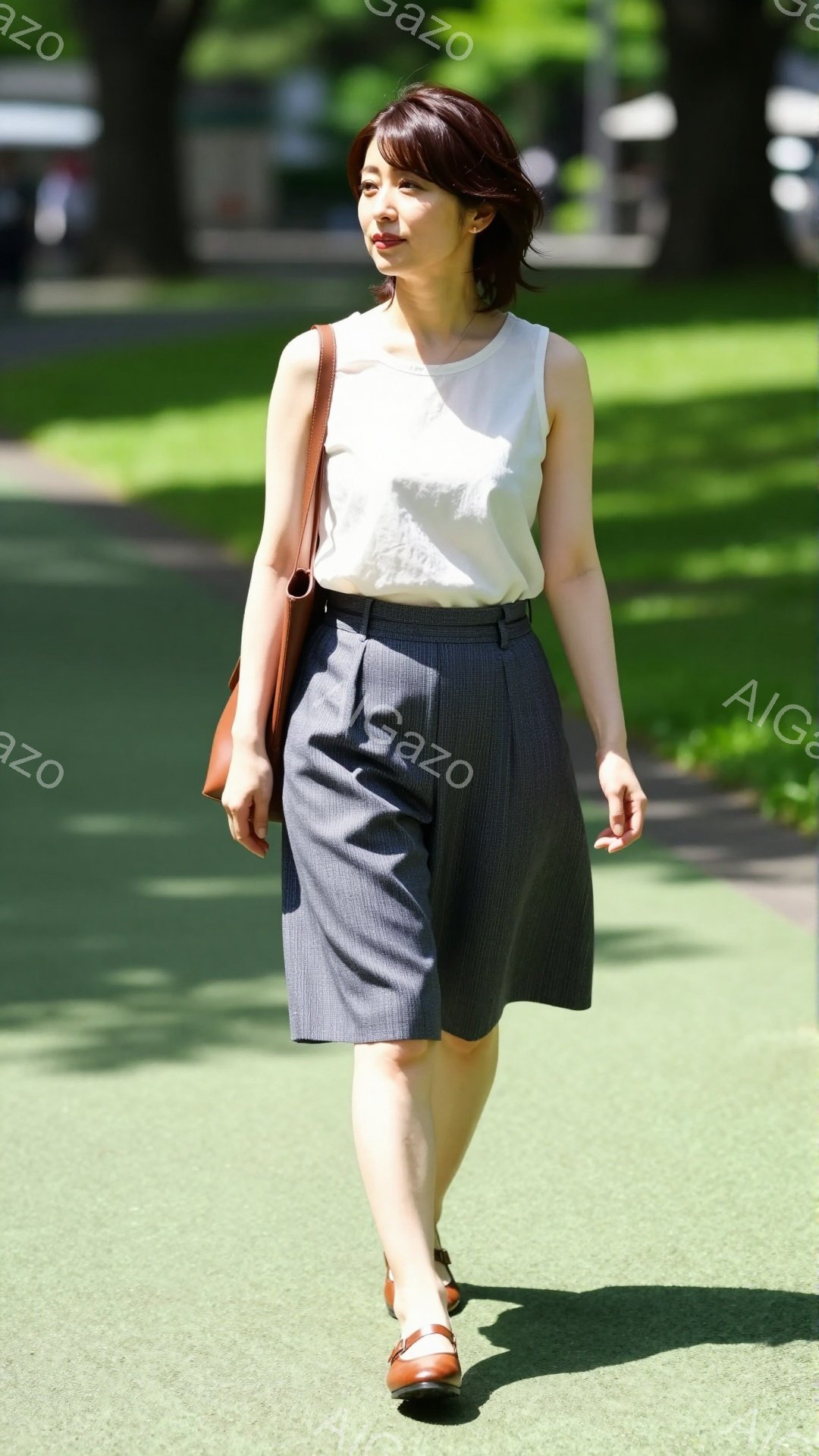 画像は、ストライプのワイドパンツと白いタンクトップを着た女性が写っています。彼女は茶色の革靴を履き、肩に茶色のハンドバッグをかけています。背景には緑の芝生と木々が見え、晴れた日の穏やかな雰囲気が漂って - AI生成フリー素材