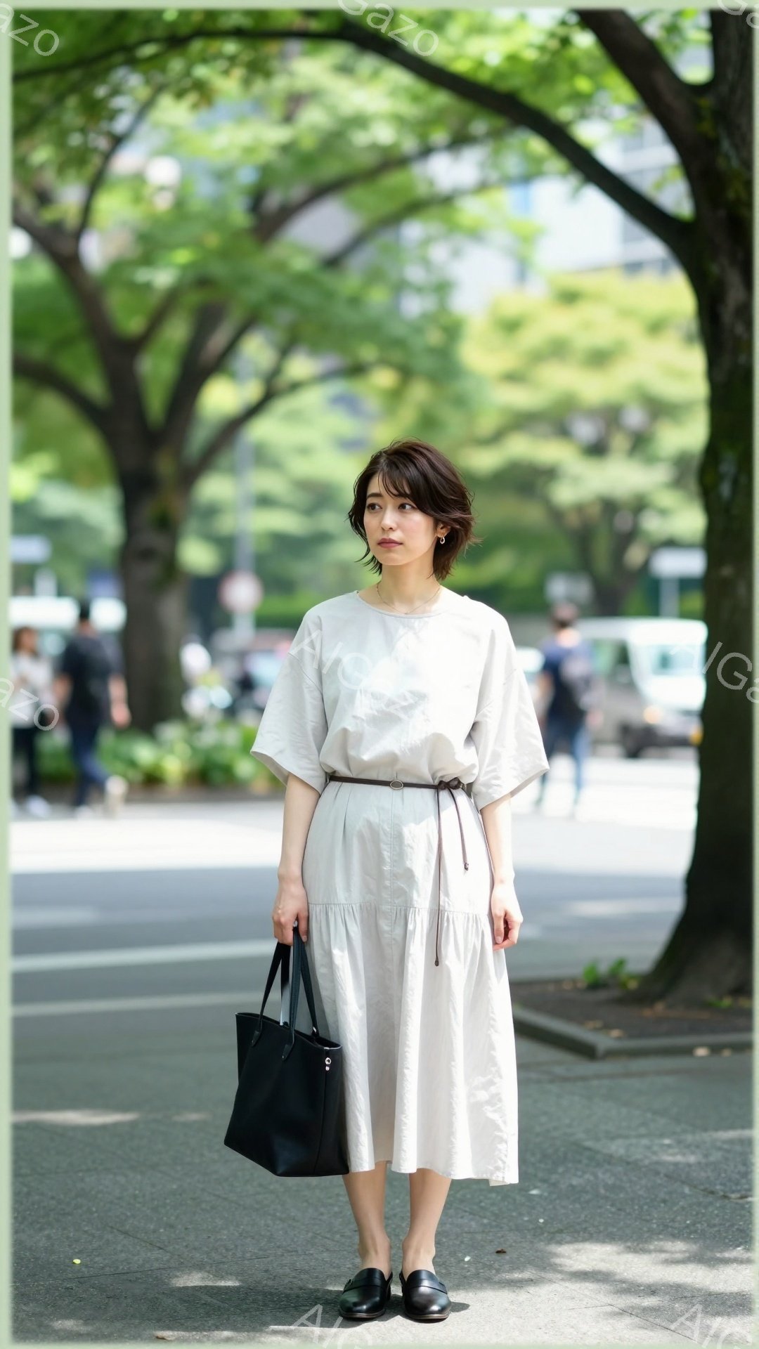 モデルはベージュ色のゆったりとしたワンピースを着て、ウエストに細いベルトを締めています。髪は短く、少しウェーブがかかっており、表情は穏やかで落ち着いています。背景には道路と緑豊かな木々があり、晴れた日 - AI生成フリー素材