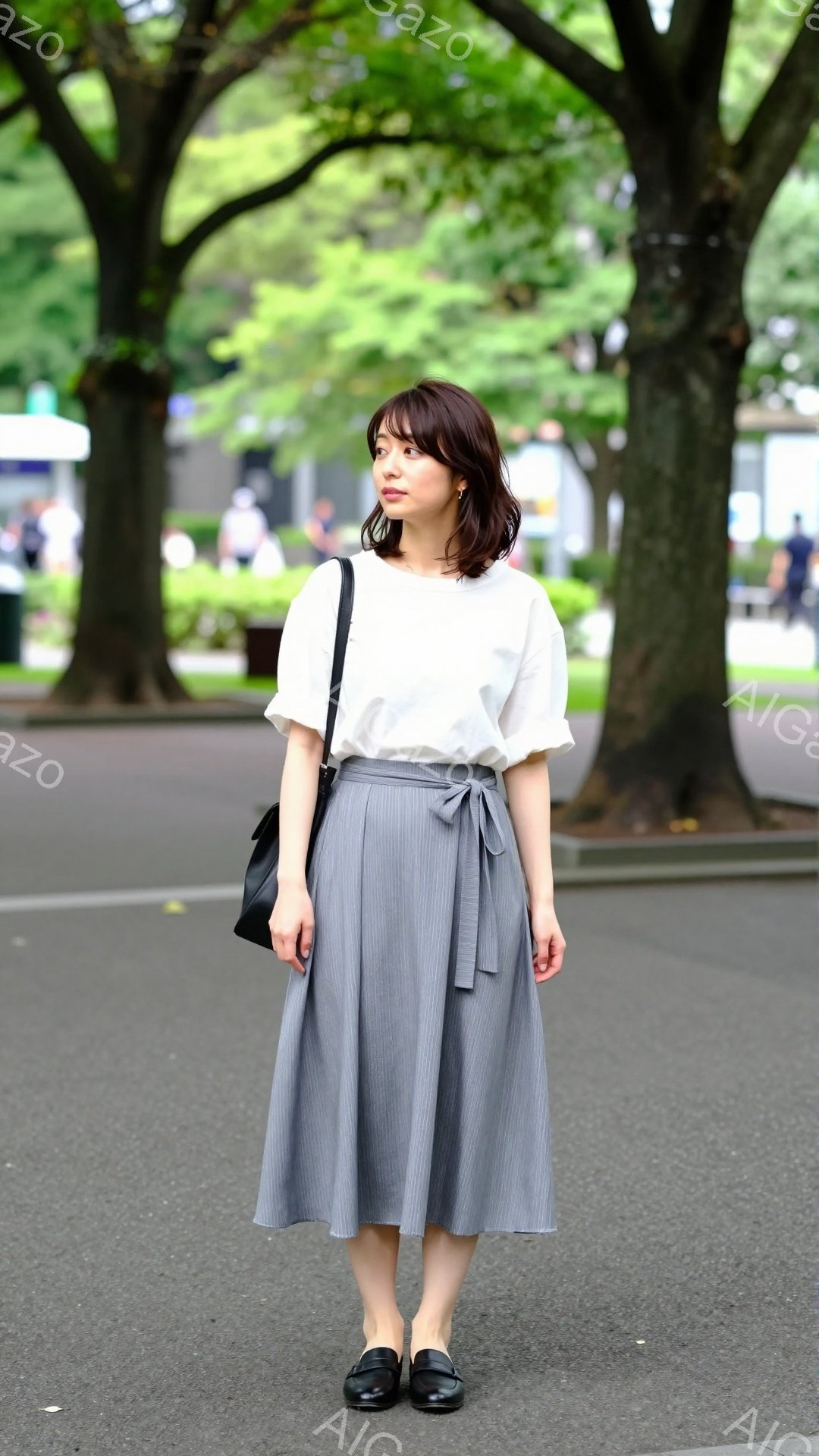 画像は、ストライプのスカートと白いブラウスを着た若い女性が写っています。彼女は黒いローファーを履き、肩に黒いバッグをかけて、少し横を向いて立っています。背景には緑豊かな木々が並び、晴れた日の公園の穏やかな雰囲気が漂っています。