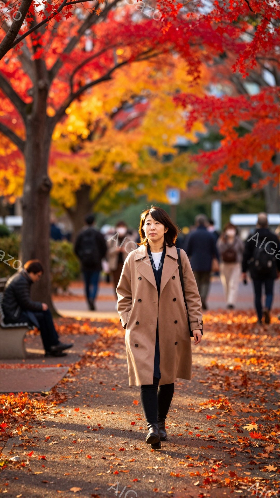 茶色のトレンチコートを着た女性が、落ち葉が敷き詰められた道を歩いている。彼女は黒いパンツとブーツを履いており、髪は短く、表情は穏やかである。背景には、鮮やかな紅葉の木々と、他の歩行者やベンチが見え、秋の晴れた日の穏やかな雰囲気が漂っている。