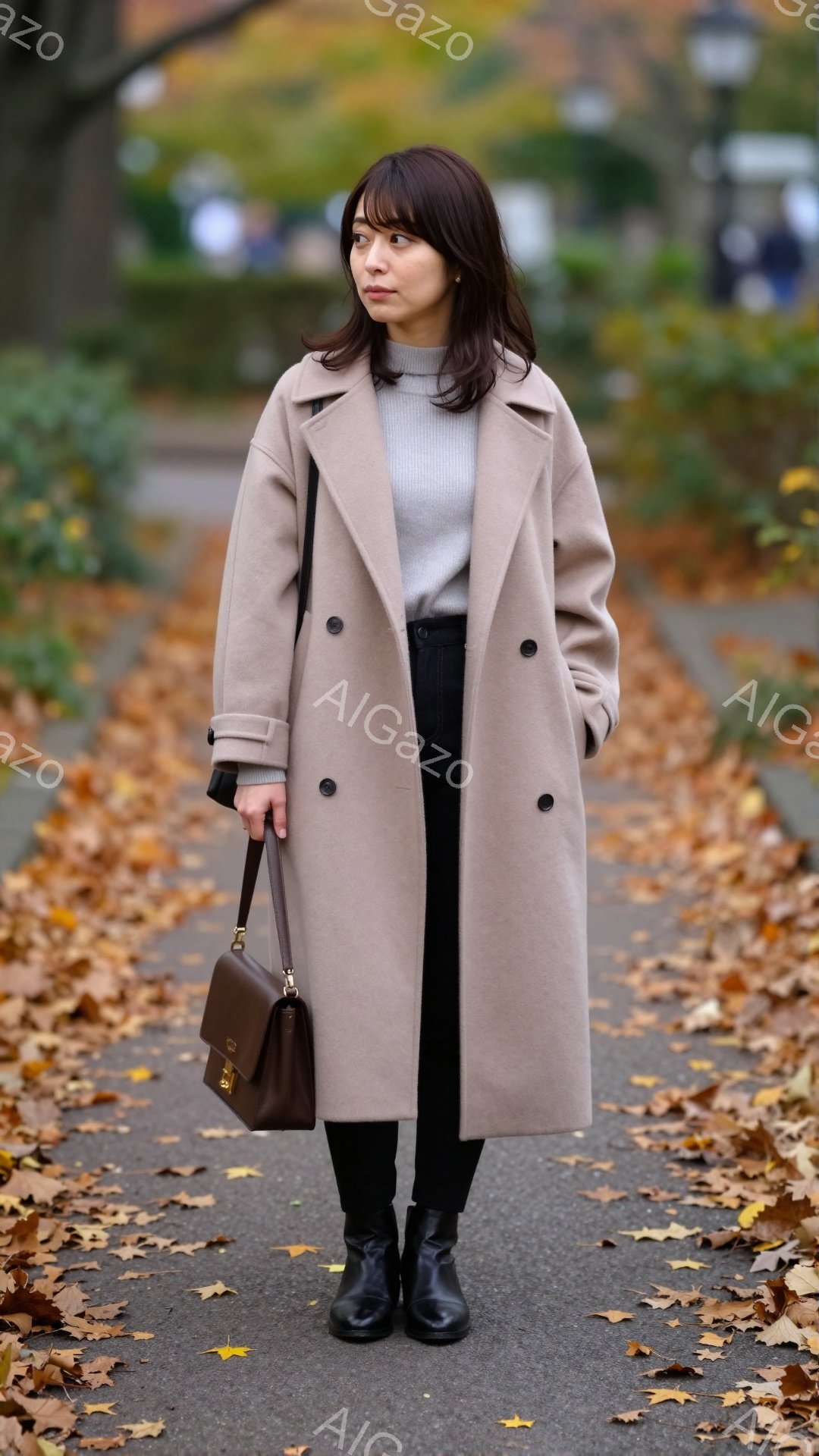 長いベージュ色のコートを着た女性が写っています。彼女は黒いタイツとブーツを履き、茶色のショルダーバッグを持っています。背景には落ち葉が舞う遊歩道と木々が見え、秋の穏やかな雰囲気が漂っています。 - AI生成フリー素材