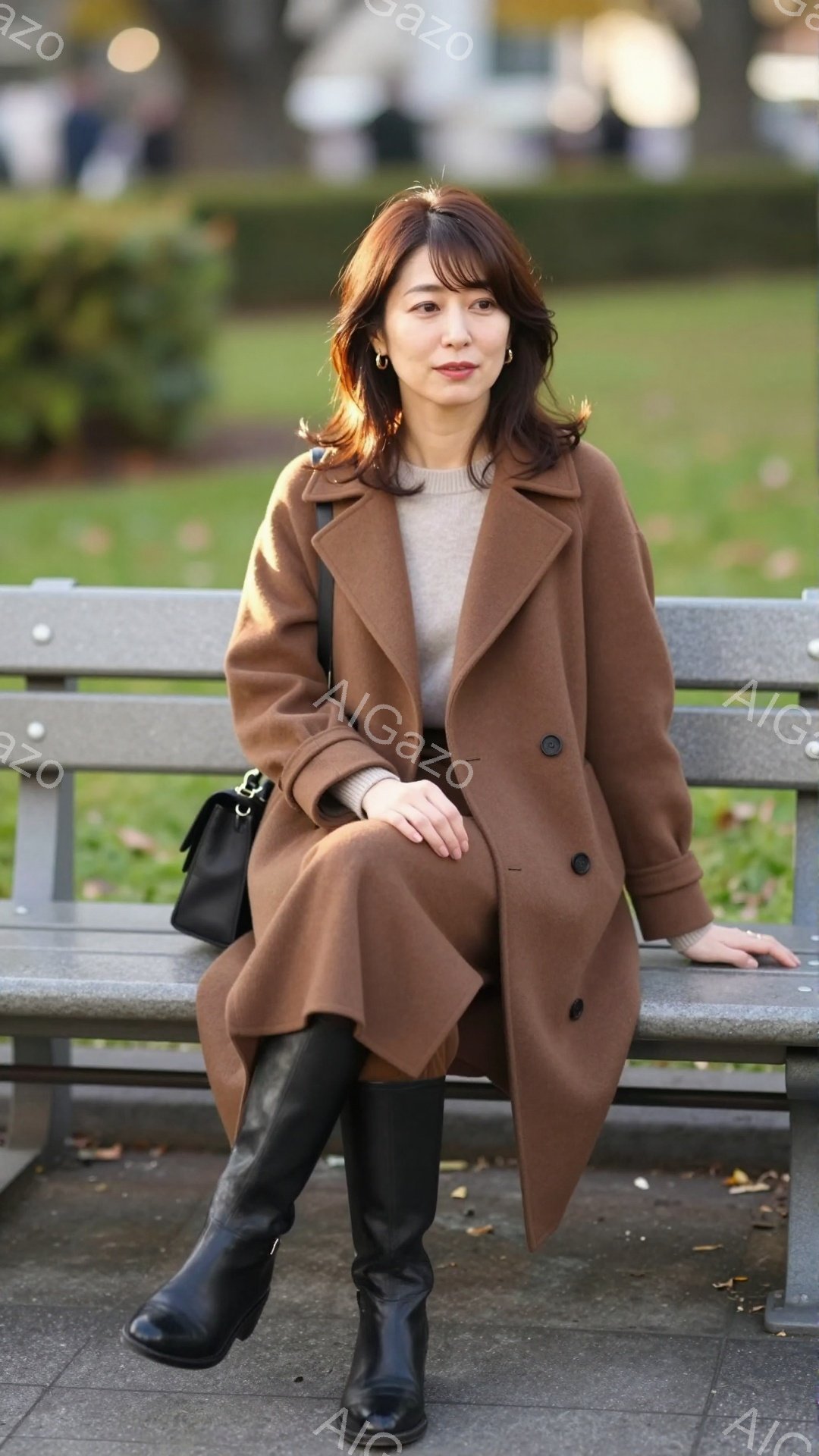 茶色のロングコートを羽織った女性が公園のベンチに座っている。彼女は黒いロングブーツを履き、手には黒いショルダーバッグを持っている。背景には緑の芝生と木々が見え、秋の穏やかな日差しが彼女を照らしている。 - AI生成フリー素材