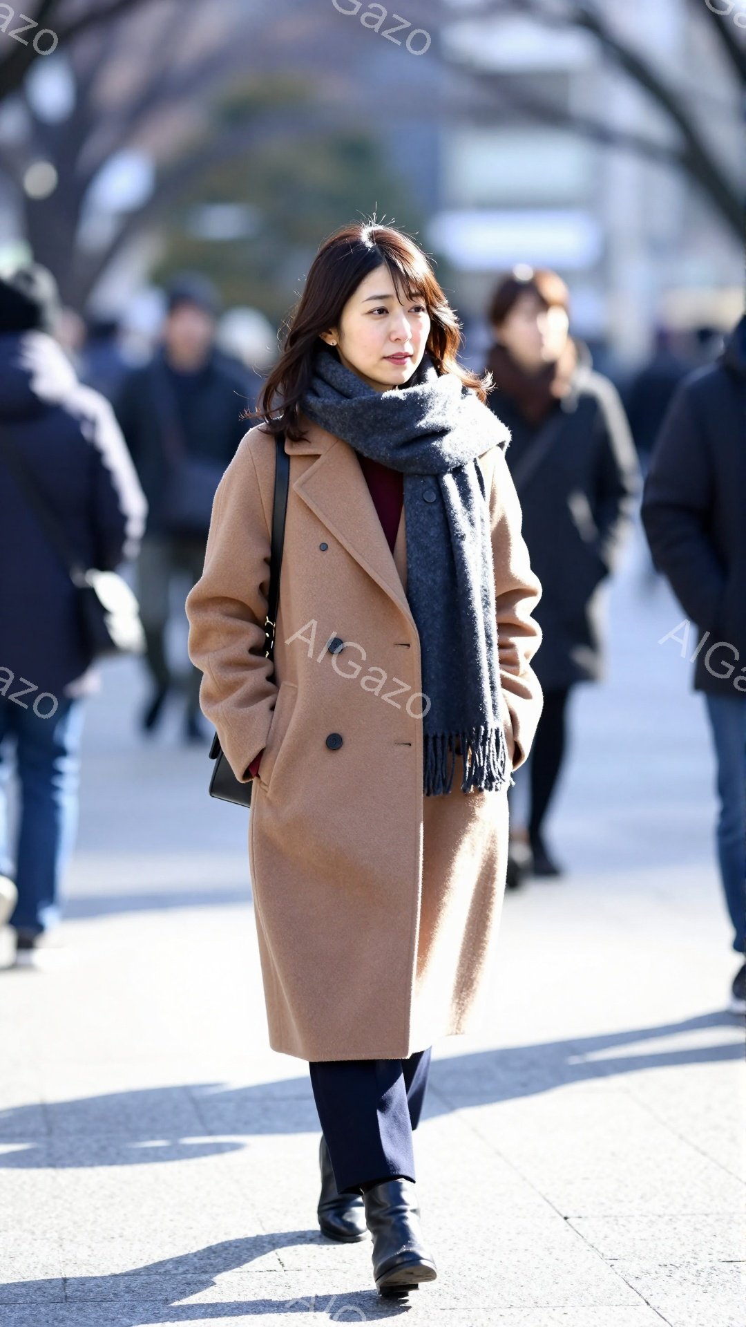 キャメル色のロングコートを羽織った女性が写っている。彼女は黒いスカーフを巻き、紺色のパンツと黒いブーツを履いている。背景には、木々が並び、歩道を行き交う人々が見え、晴天の下、穏やかな雰囲気を感じさせる。
