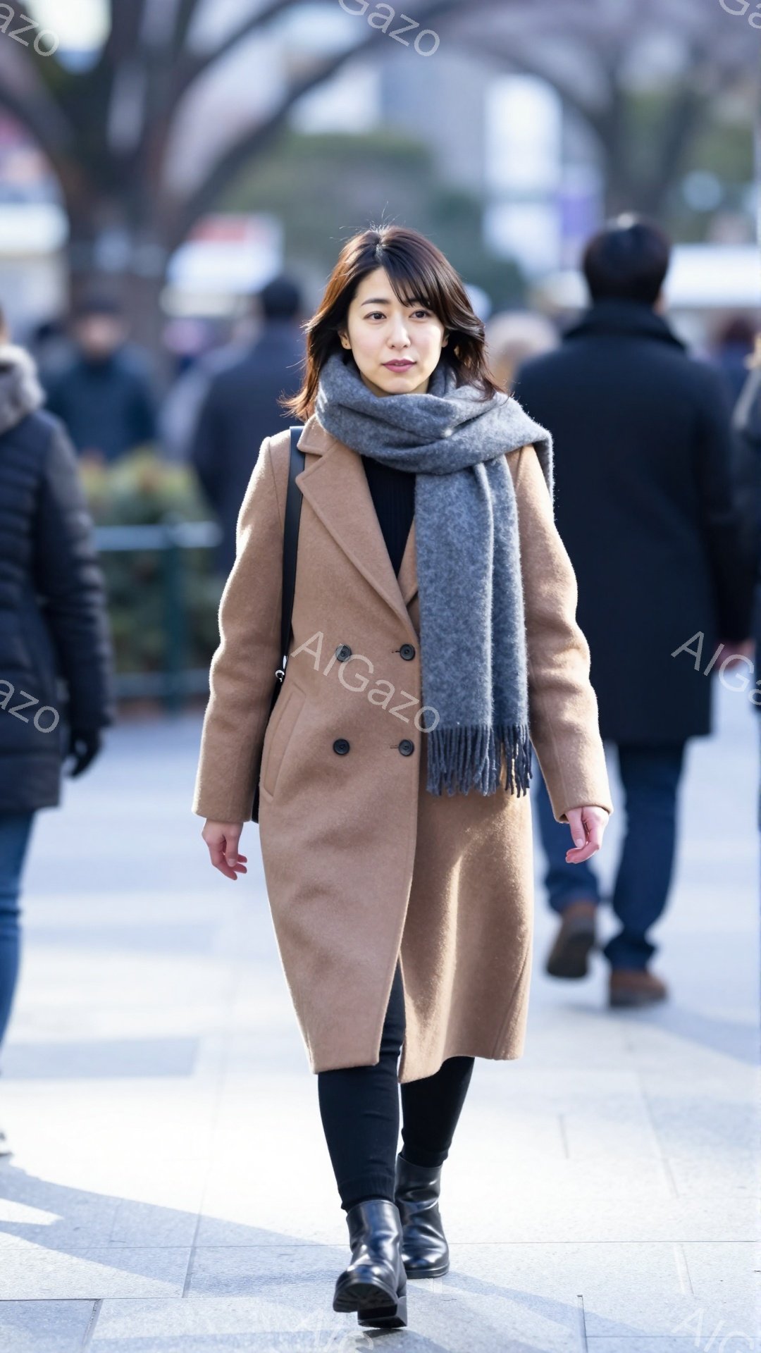 画像には、ベージュ色のロングコートを羽織った女性が写っています。彼女は黒いタイツとブーツを履き、首にグレーのストールを巻いています。背景には、他の歩行者や建物が見え、晴れた日の街並みを思わせる穏やかな雰囲気です。