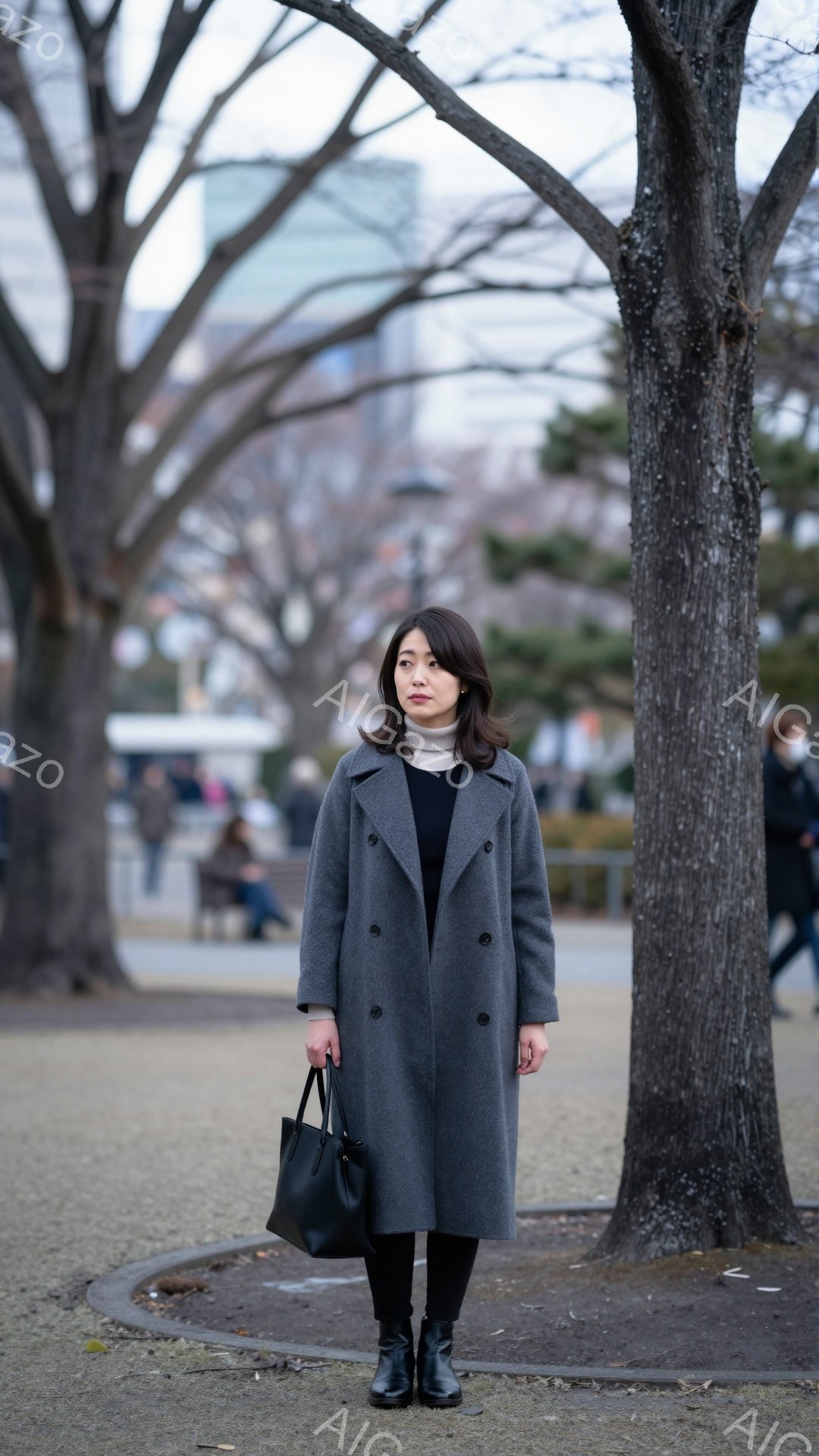 画像には、灰色のコートを着た女性が立っています。彼女は黒いタイツとブーツを履き、黒いハンドバッグを持っています。背景には裸の木々とぼやけた建物が見え、曇り空の下、公園の遊歩道に立っています。