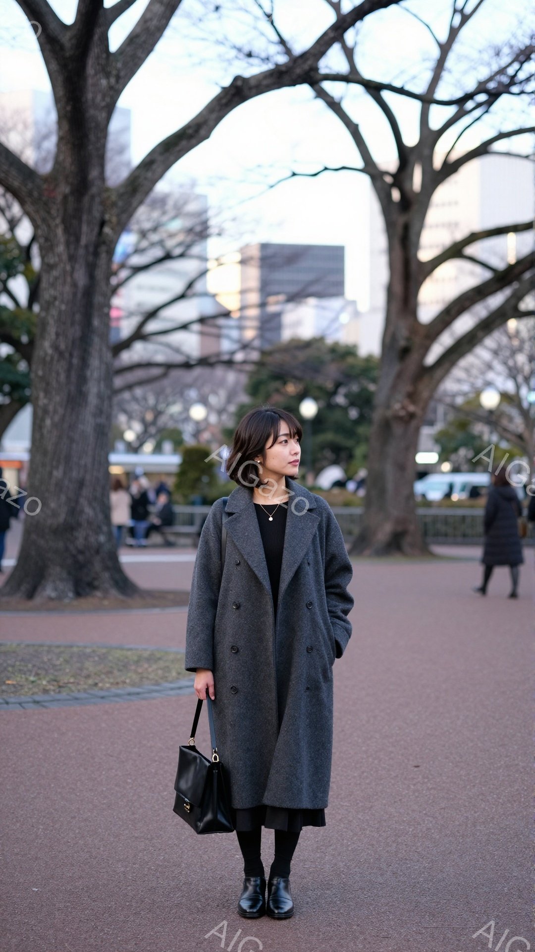 画像には、公園の遊歩道に立つ女性が写っています。彼女はグレーのロングコート、黒いスカートとタイツ、黒い靴を着用し、肩には黒いハンドバッグをかけています。背景には裸木の並木と、遠くに見える近代的な建物があり、空は明るいグレーで、穏やかな冬の日を思わせます。