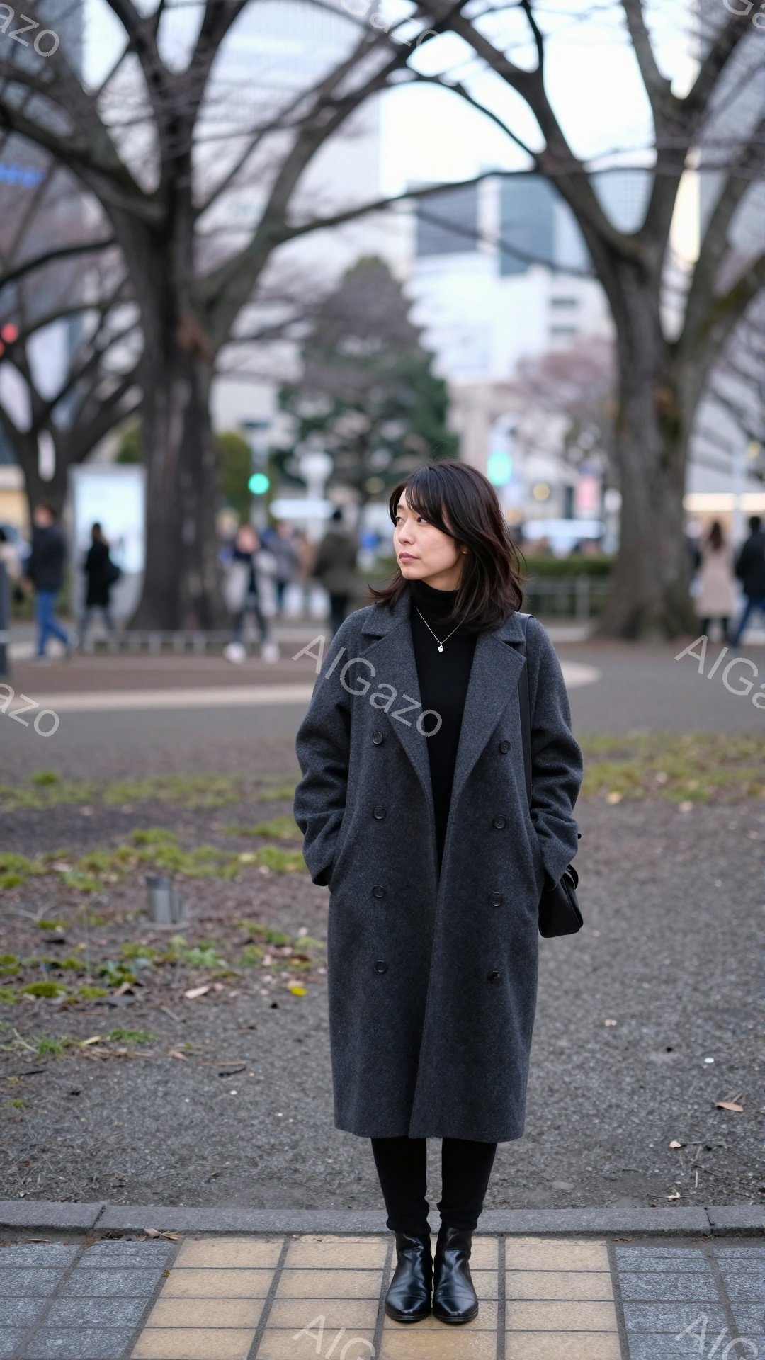 画像には、グレーのコートを着た女性が立っています。彼女は黒い服とブーツを履いており、少し微笑んでいるように見えます。背景には、葉の少ない木々と建物があり、日差しが弱く、冬の穏やかな雰囲気が漂っています - AI生成フリー素材