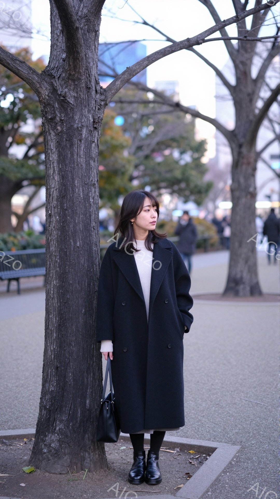 画像には、公園で黒いロングコートを着た女性が写っています。彼女はベージュのセーターと黒いブーツを履いており、肩に黒いハンドバッグをかけています。背景には木々や建物が見え、穏やかで落ち着いた雰囲気です。 - AI生成フリー素材