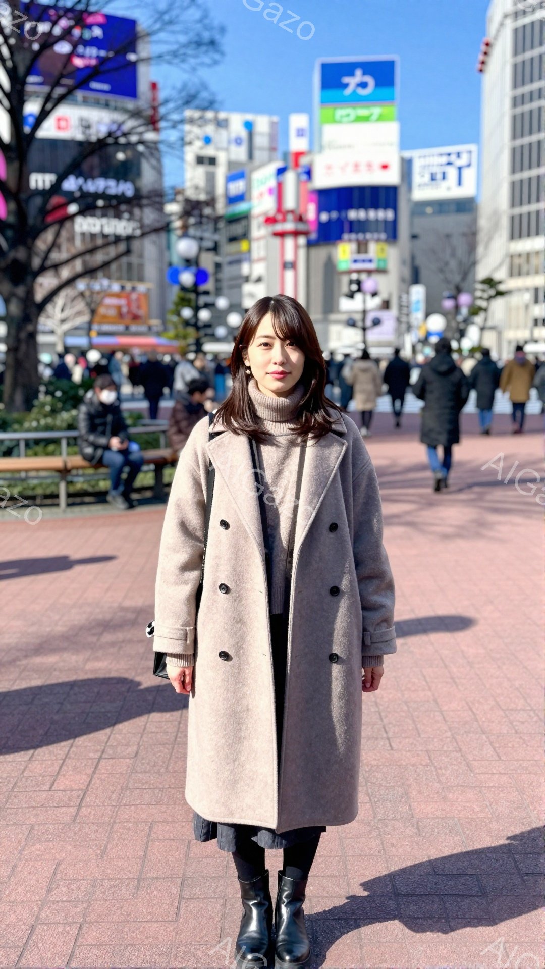 この女性は、ベージュ色のロングコート、黒のスカート、黒のブーツを着用し、肩までの長さのダークブラウンの髪をセンターパートにしています。彼女は少し微笑んでおり、リラックスした姿勢で正面を向いています。背 - AI生成フリー素材