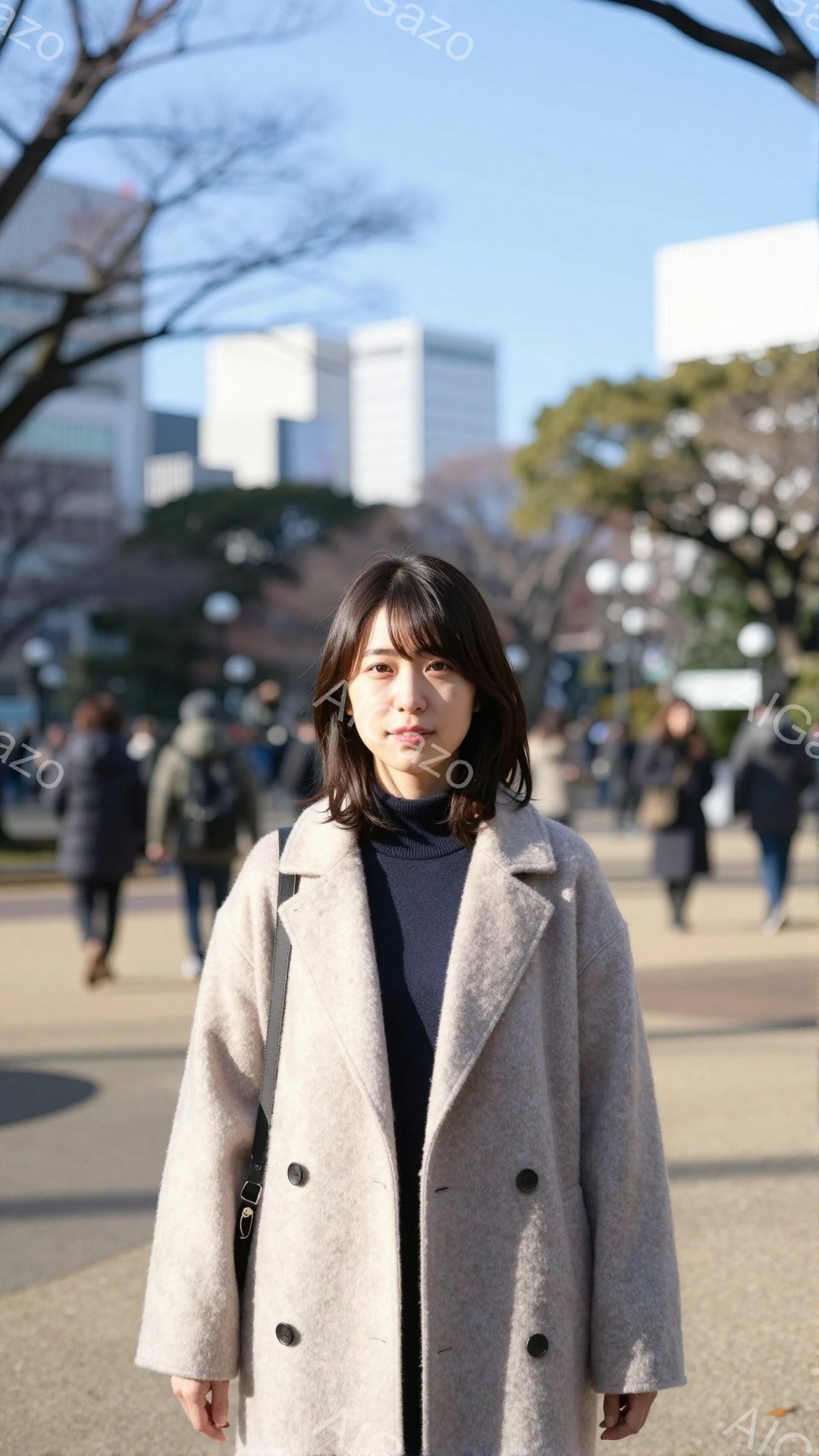 画像には、屋外で茶色のコートを着た若い女性が写っています。彼女は黒いセーターを着ており、髪は肩のあたりで切り揃えられています。背景にはぼやけた建物と人々が見え、晴れた日の穏やかな雰囲気が漂っています。 - AI生成フリー素材