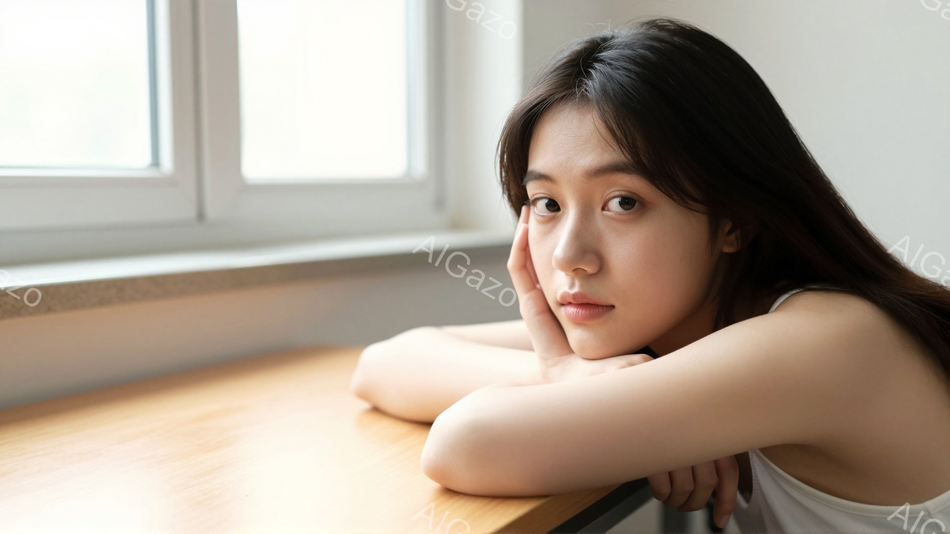 長い黒髪の女性が、肘をついて頬杖をつき、テーブルを見下ろしています。白いタンクトップを着ており、憂いを含んだ表情をしています。背景には白い窓枠が見え、室内で自然光が差し込んでおり、全体的に静かで内省的 - AI生成フリー素材