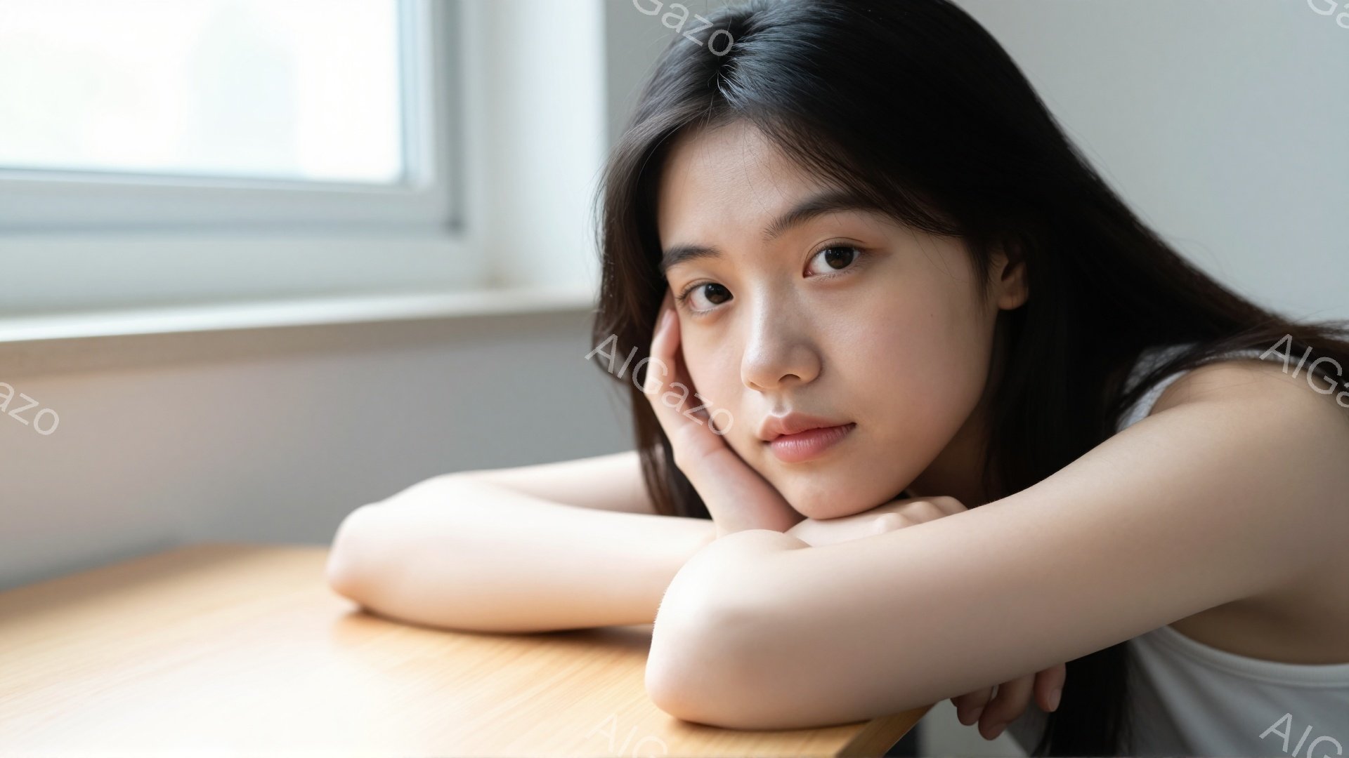 若い女性がテーブルに肘をつき、頬に手を当てて座っています。彼女は黒髪で、シンプルな白いトップスを着ており、落ち着いた表情をしています。背景は白い壁と窓で、室内で静かな雰囲気が漂っています。