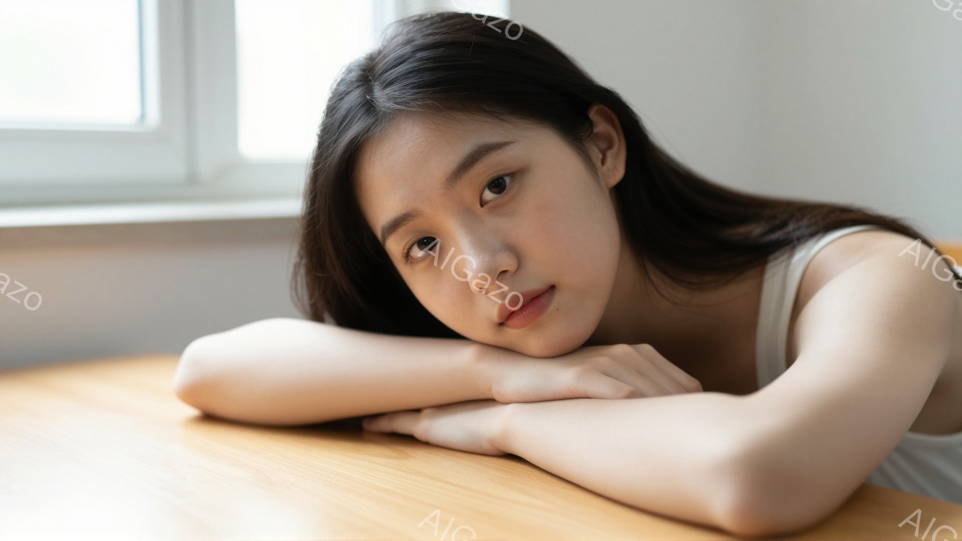 長い黒髪を肩にかけた若い女性が、肘をついてテーブルに顎を乗せ、カメラを見つめています。彼女は白いタンクトップを着ており、少し物憂げな表情をしています。背景はぼやけていますが、木製のテーブルと窓が見え、 - AI生成フリー素材