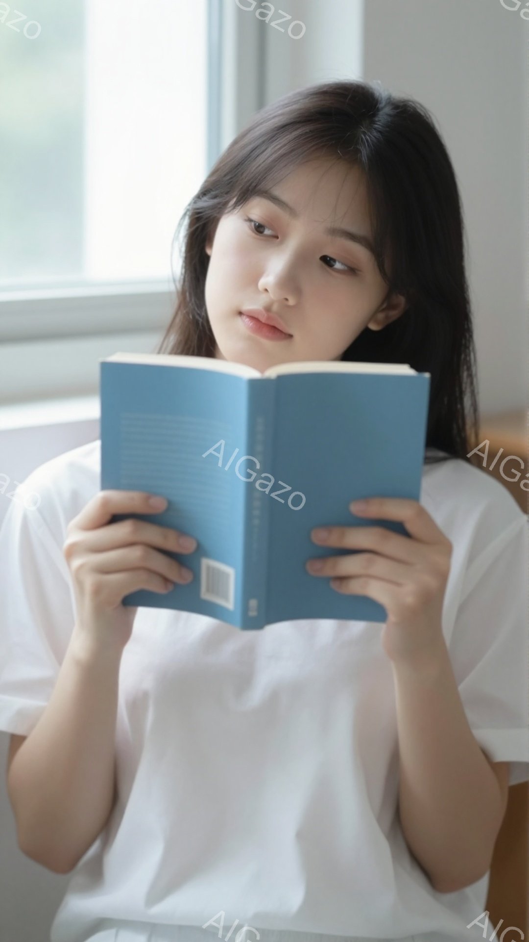 長い黒髪を無造作に垂らし、白いTシャツを着た若い女性が、青い表紙の本を手に持っています。彼女は少し下を見つめ、穏やかで物思いにふけった表情をしています。背景には窓があり、柔らかな自然光が差し込んでおり - AI生成フリー素材