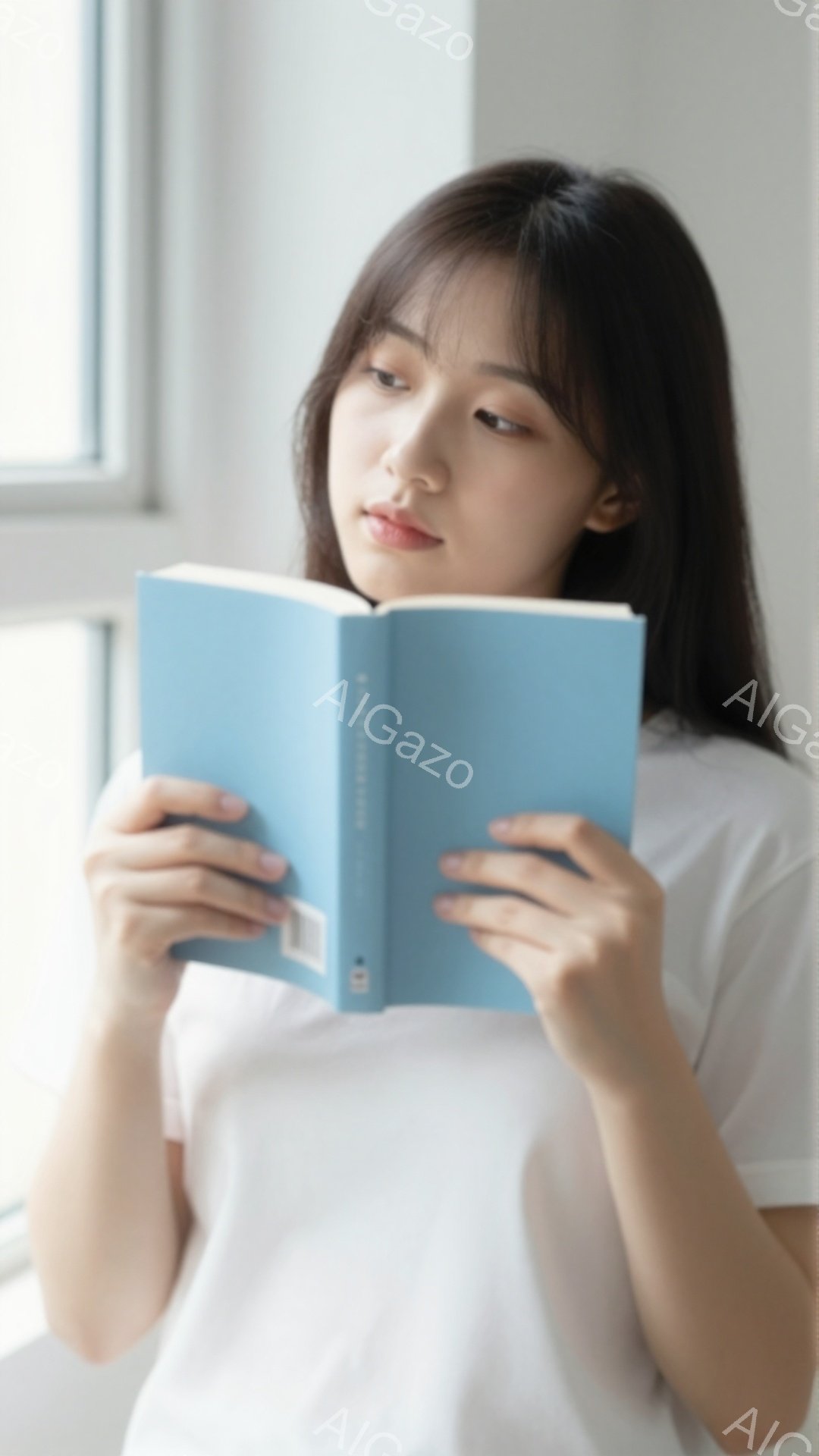 若い女性が水色の本を手に持っている。彼女は白いTシャツを着ており、前髪を下ろした黒髪が特徴的で、少し微笑んでいるような穏やかな表情をしている。背景は明るい室内で、窓から差し込む光が彼女を照らしている。