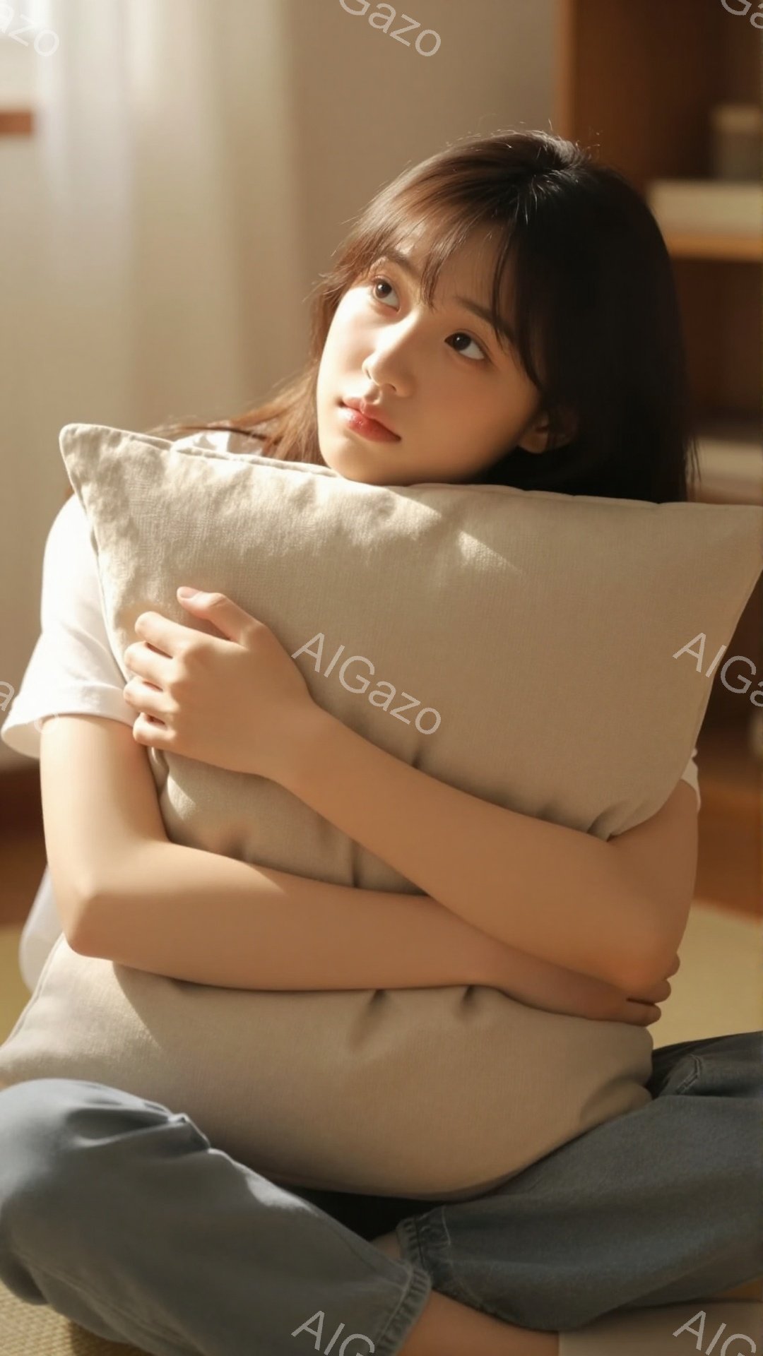 穏やかな表情の若い女性が、ベージュ色のクッションを抱きしめて座っています。彼女は白いTシャツと水色のズボンを着用し、ダークブラウンのロングヘアは無造作に肩にかかっています。背景はぼやけていますが、室内であることがわかり、全体的に暖かく優しい雰囲気です。