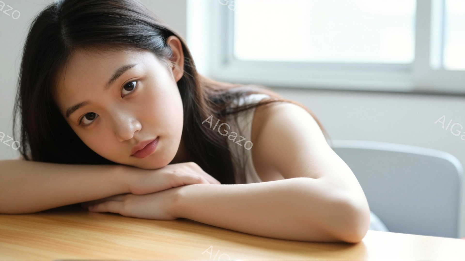 長い黒髪の女性が、木の机の上に肘をついて顎を支え、カメラを見つめています。彼女は淡い色のトップスを着ており、リラックスした穏やかな表情をしています。背景には、明るい光が差し込む教室のような空間がぼんやりと見え、全体的に柔らかく落ち着いた雰囲気です。
