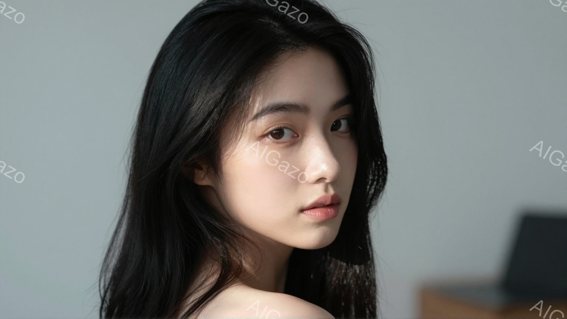 長い黒髪の女性が写っており、肩を少し露出したトップスを着ています。彼女はわずかに微笑んでおり、カメラを見つめ、穏やかで落ち着いた表情をしています。背景はぼやけており、室内であることがわかりますが、焦点 - AI生成フリー素材