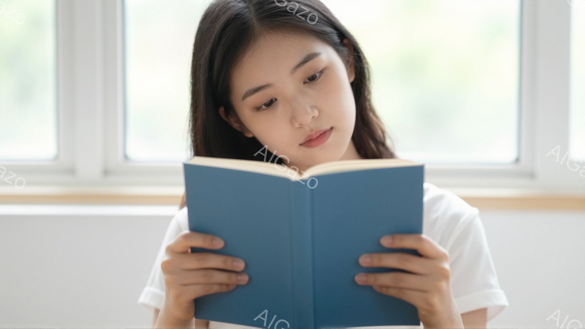 長い黒髪の女性が青い表紙の本を読んでいます。白いTシャツを着ており、少し考え込んでいるような表情をしています。背景は白い壁と窓があり、明るく穏やかな雰囲気です。