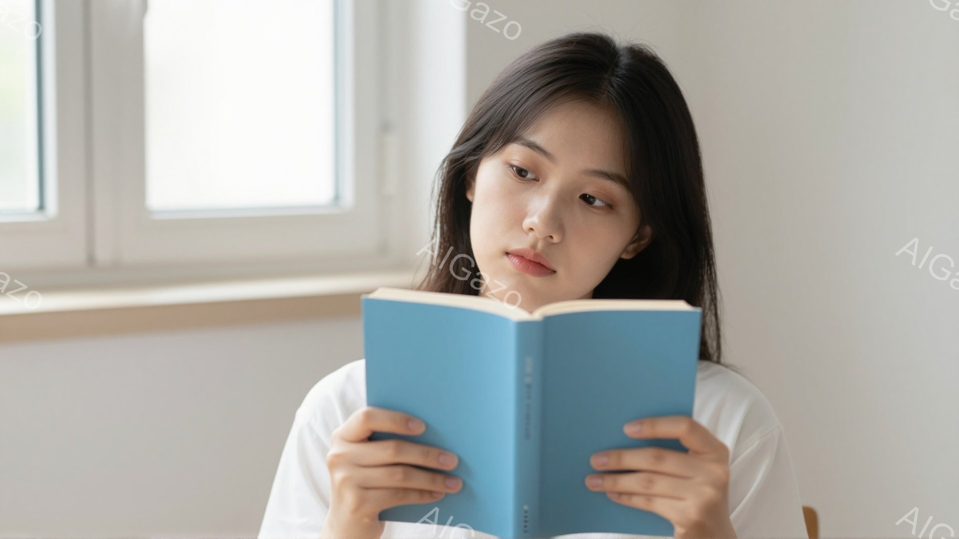 若い女性が青い表紙の本を手に持ち、読書に集中しています。彼女は白いシャツを着ており、黒髪を肩まで伸ばしています。窓から差し込む柔らかい光が彼女を照らし、穏やかで静かな雰囲気を醸し出しています。