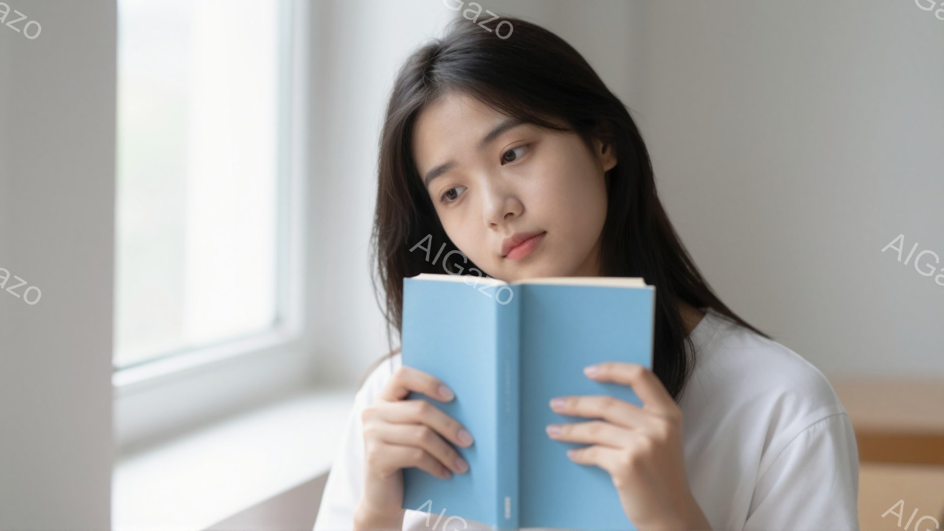 長い黒髪の女性が窓辺で水色の本を読んでいる。白いトップスを着ており、リラックスした雰囲気で、やや物思いにふける表情をしている。背景はシンプルな白い壁で、穏やかで静かな空間を演出している。