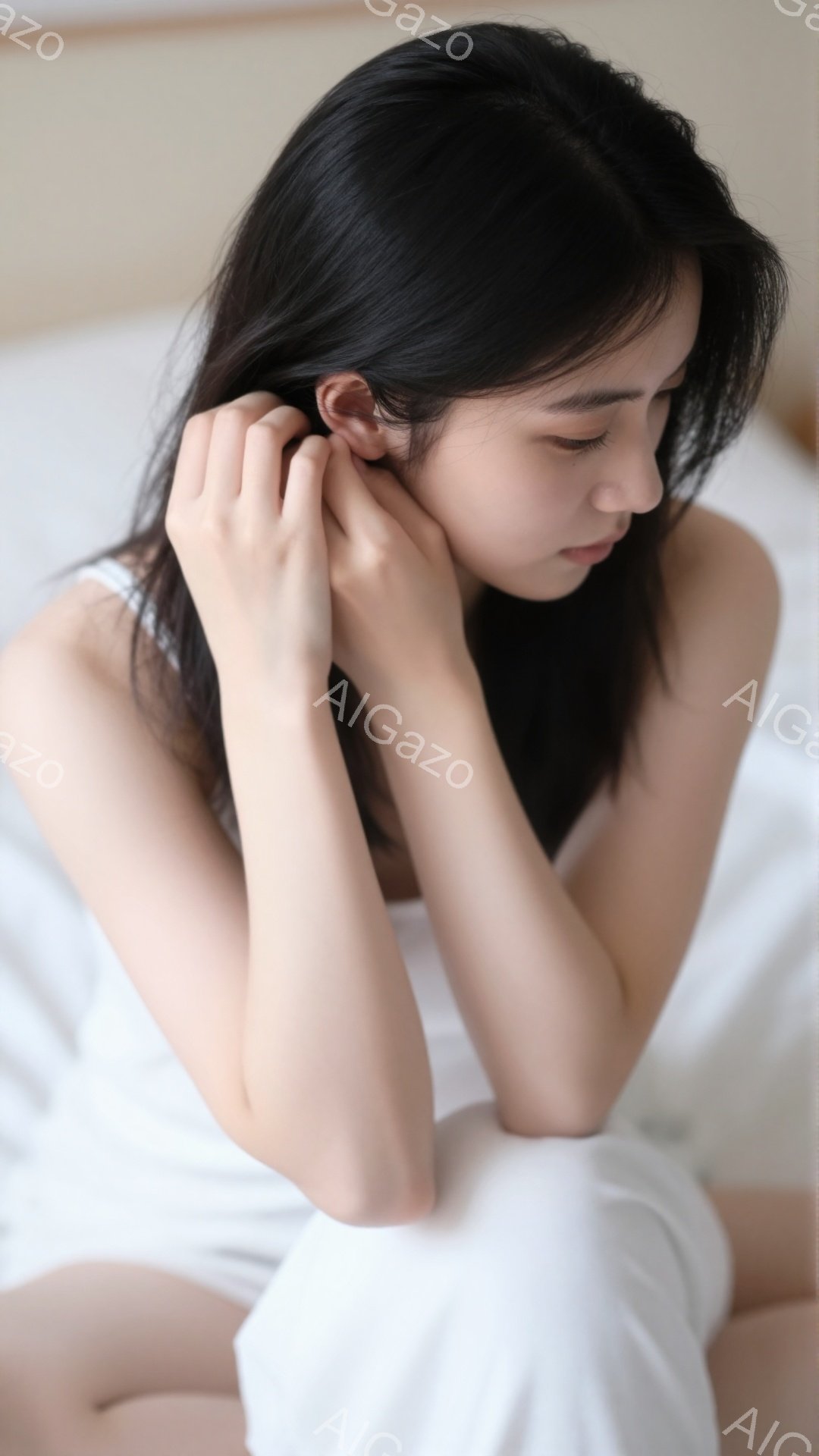 長い黒髪の女性が白いシーツに座り、両手で髪を撫でています。彼女は穏やかな表情で、やや下を向いています。背景は白く、焦点が彼女に合うようにぼやけており、全体的に静かで優しい雰囲気です。 - AI生成フリー素材