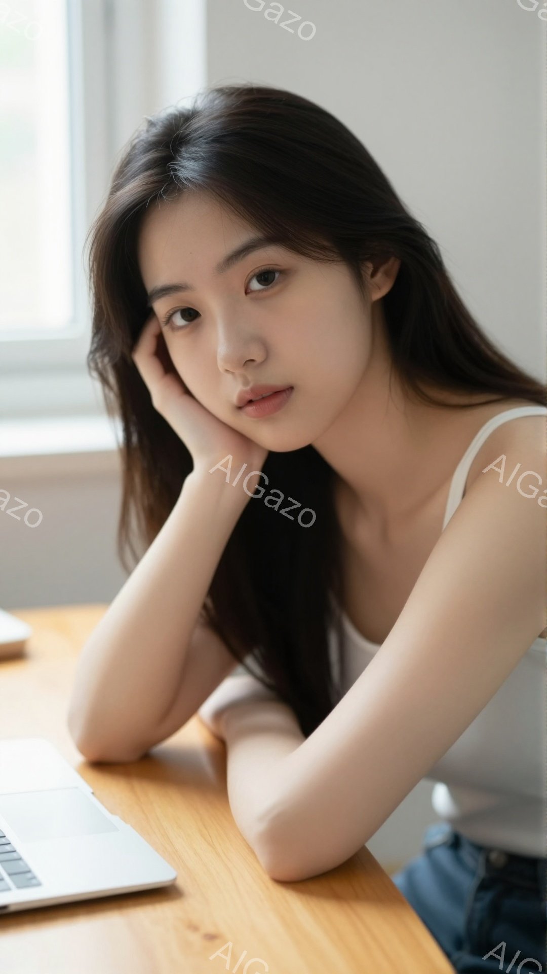 長い黒髪を肩にかけた若い女性が、木製のテーブルに肘をついて頬杖をついています。白いタンクトップとジーンズを着ており、やや物憂げな表情をしています。背景には、ぼやけた室内と光が入る窓が見え、全体的に落ち - AI生成フリー素材