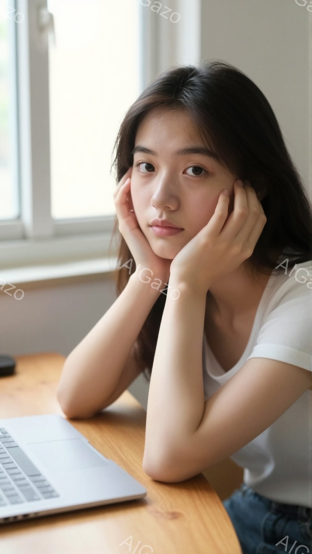 若い女性が木製の机に向かって座り、両手で頬を支えています。白いTシャツとジーンズを着ており、長い黒髪が肩にかかっています。背景には、窓から差し込む自然光と、ぼんやりと見える室内が見え、全体的に穏やかで - AI生成フリー素材