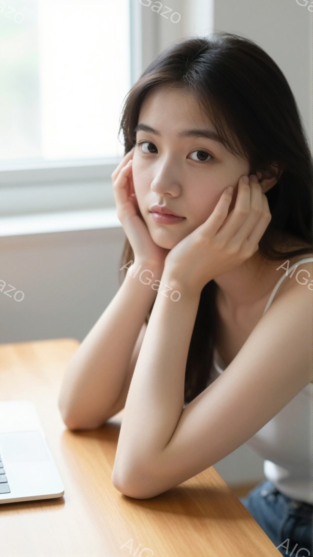長い黒髪の女性が、木製のテーブルに肘をついて頬杖をついています。白いタンクトップとジーンズを身につけ、少し物憂げな表情でカメラを見つめています。背景には、ぼやけた窓と、薄い光が差し込む室内が写っており - AI生成フリー素材