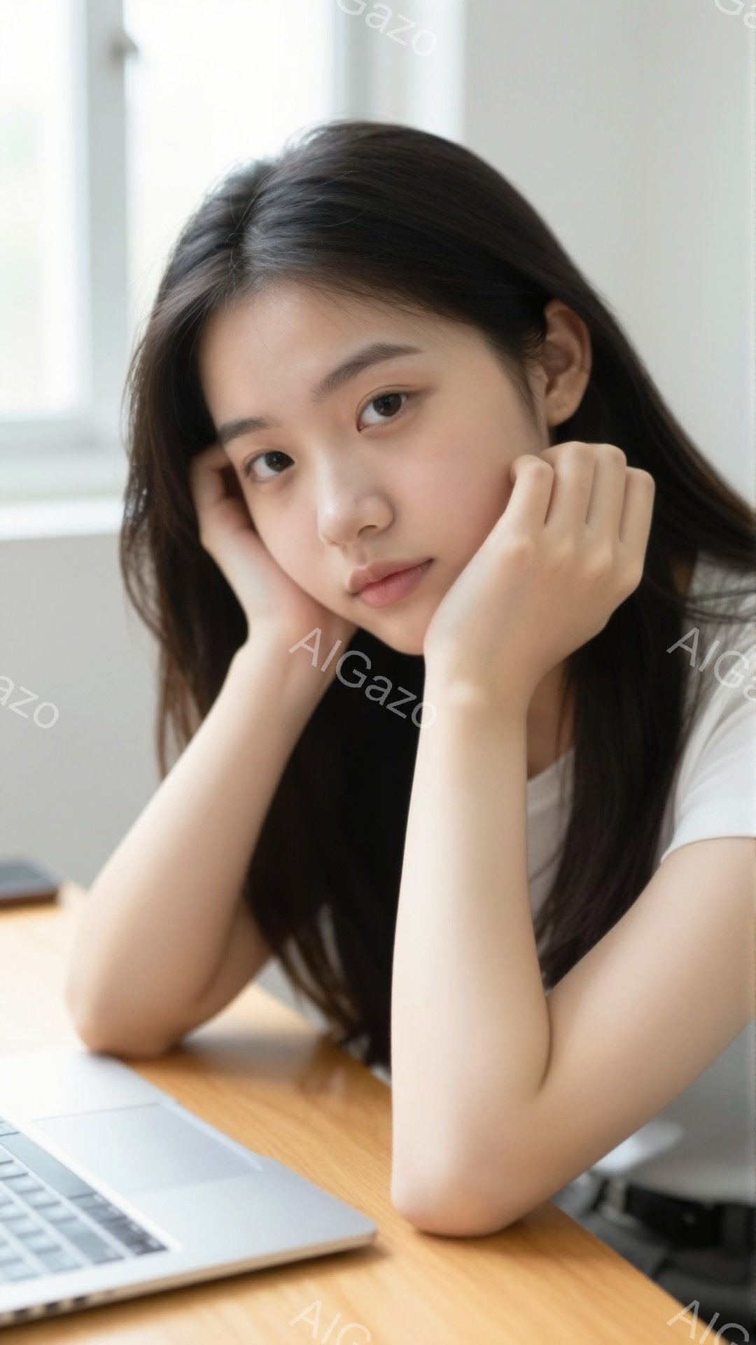 長い黒髪の女性が木製の机に肘をついて座っており、少し退屈そうな表情を浮かべている。白いシンプルなTシャツを着ており、背景にはぼやけたオフィスのような空間が見える。全体的に落ち着いた雰囲気で、日常の一コマを切り取ったような写真である。