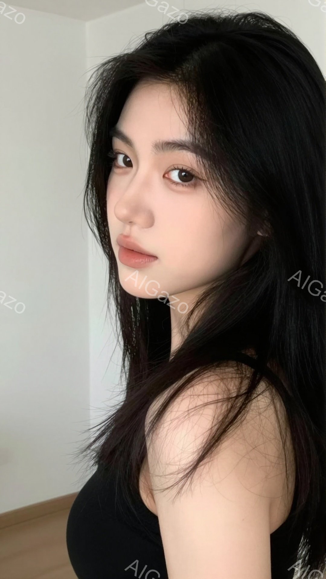 長い黒髪の女性が写っており、前髪は軽く眉を覆っています。彼女は黒いトップスを着ており、少し横を向いて微笑んでいます。背景は白い壁で、全体的に柔らかく、自然な雰囲気です。