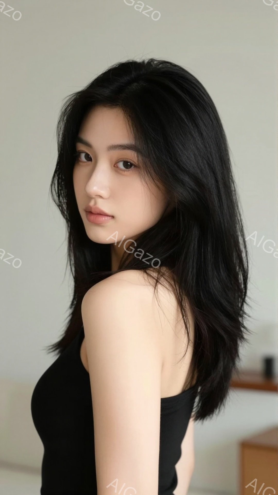 黒髪の女性が、肩を少し見せる黒のキャミソールを着て正面を見つめています。彼女は穏やかな表情で、少し微笑んでいるように見えます。背景は明るいベージュ色の壁で、シンプルな内装の部屋の一部が見えます。 - AI生成フリー素材