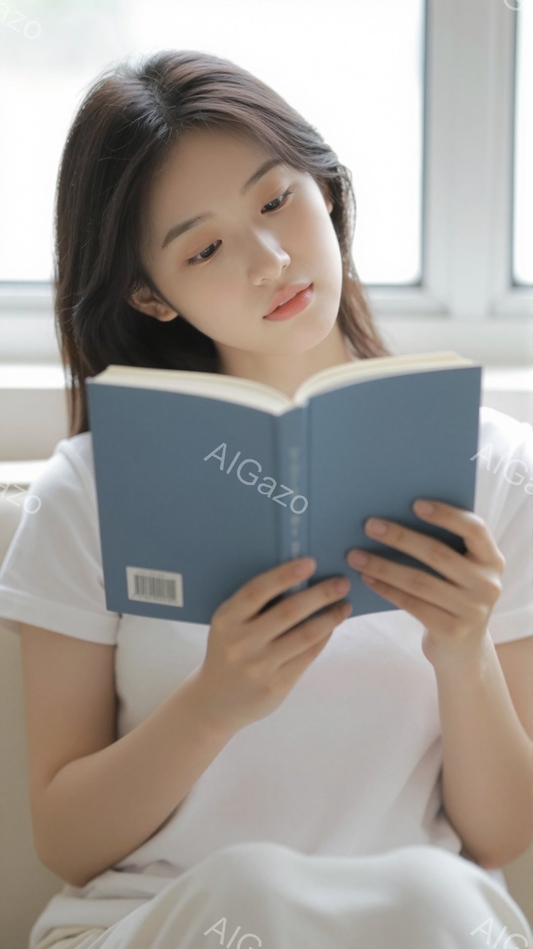 長い黒髪の女性が青色の表紙の本を読んでいます。白いシャツを着て、リラックスした姿勢で膝を曲げて座っています。背景はぼやけていますが、明るい部屋の一部が見えます。