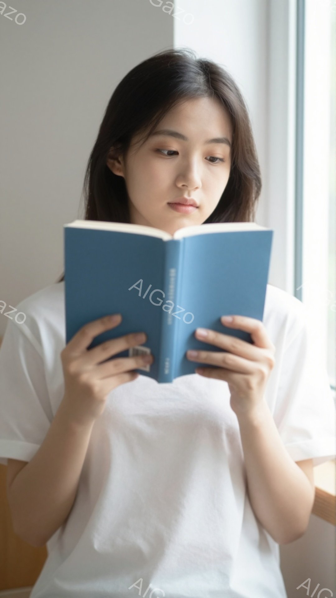 若い女性が窓辺で青色の表紙の本を手に持っている。白いTシャツを着ており、黒髪は肩にかかる長さに自然に流れている。彼女は本に集中した表情で、少し下を向いているため、穏やかで知的な雰囲気が漂っている。 - AI生成フリー素材