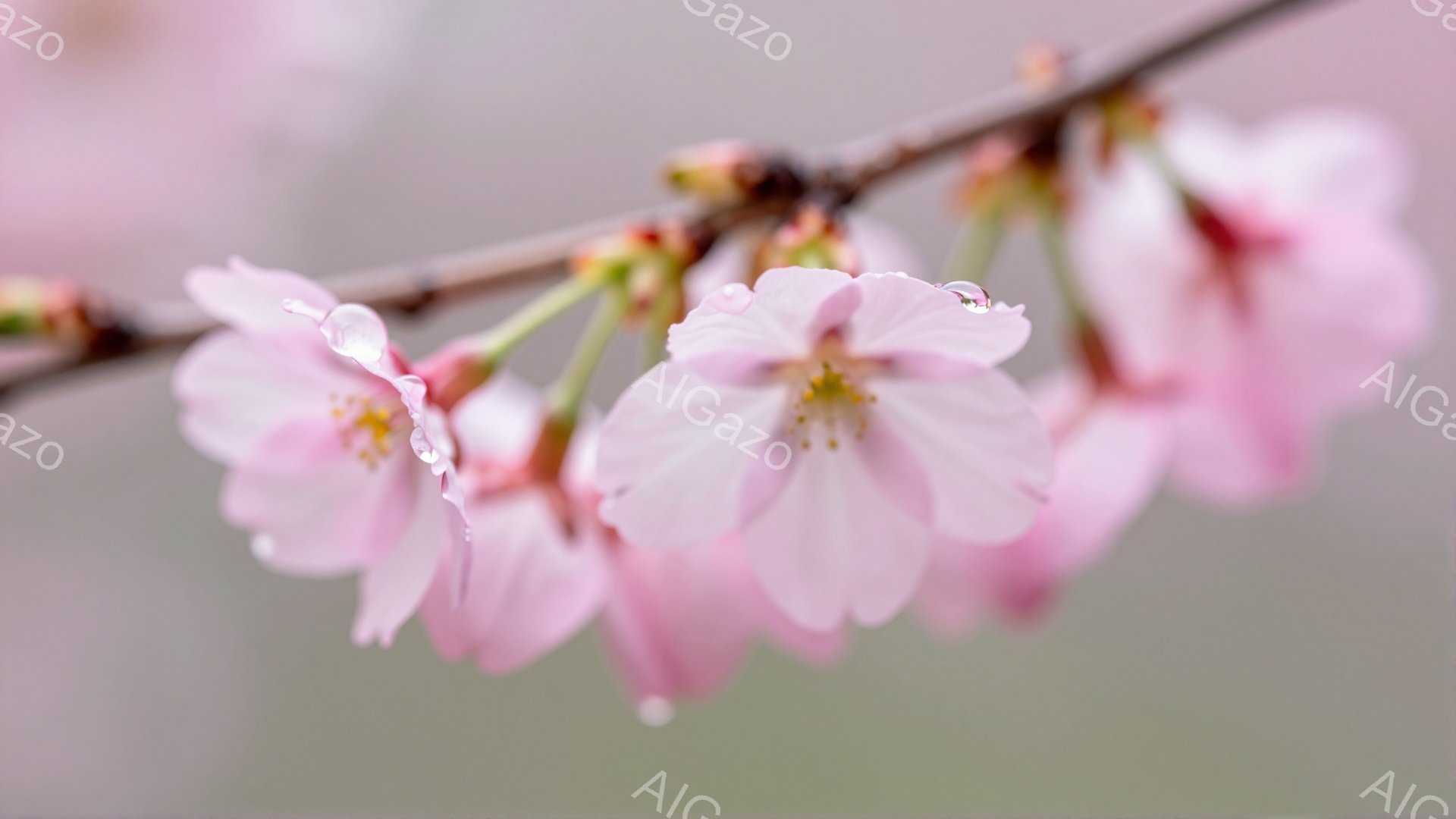 淡いピンク色の桜の花が、枝に密集して咲き誇っている。花びらの縁には雨粒が光り、春の湿った空気を伝えている。背景はぼやけた緑色で、柔らかく幻想的な雰囲気を醸し出している。