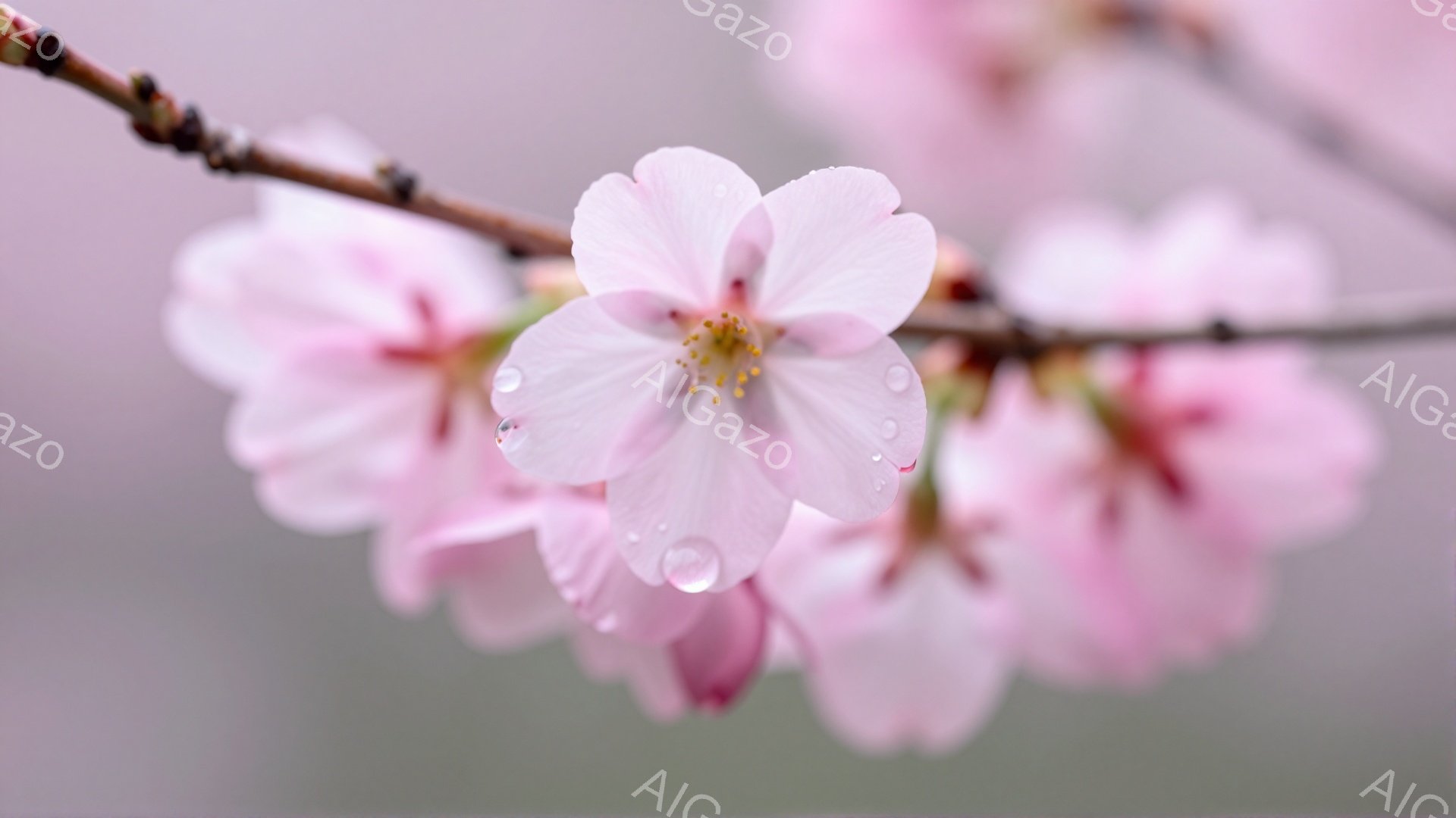 淡いピンク色の桜の花が、枝についた状態でクローズアップされている。雨粒が花びらや枝に付着しており、しっとりとした春の訪れを感じさせる。背景はぼやけており、桜の花が引き立っている。