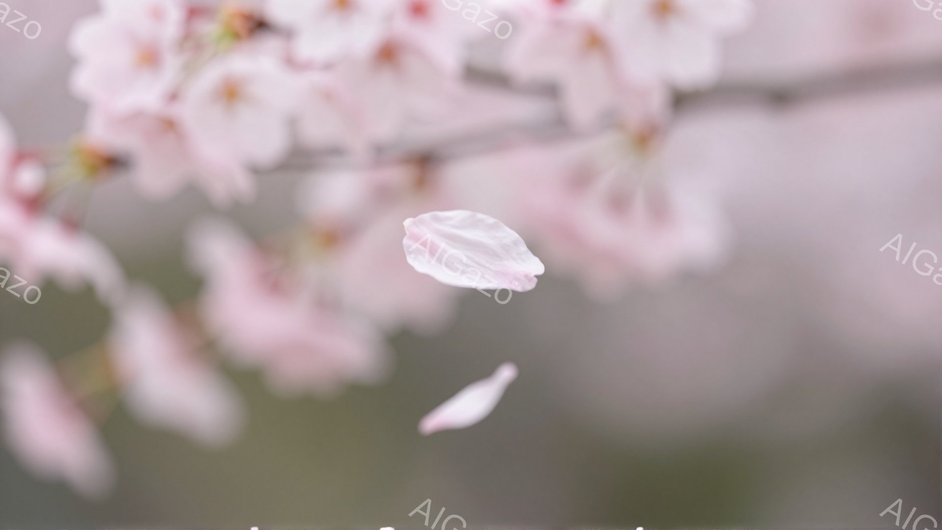 桜の花びらが舞い散る、春の穏やかな情景が捉えられています。背景にはぼんやりと桜の枝と、淡いピンク色の花が広がり、柔らかい光が全体を包み込んでいます。花びらは空中で静かに舞い、春の暖かさと儚さを表現して - AI生成フリー素材