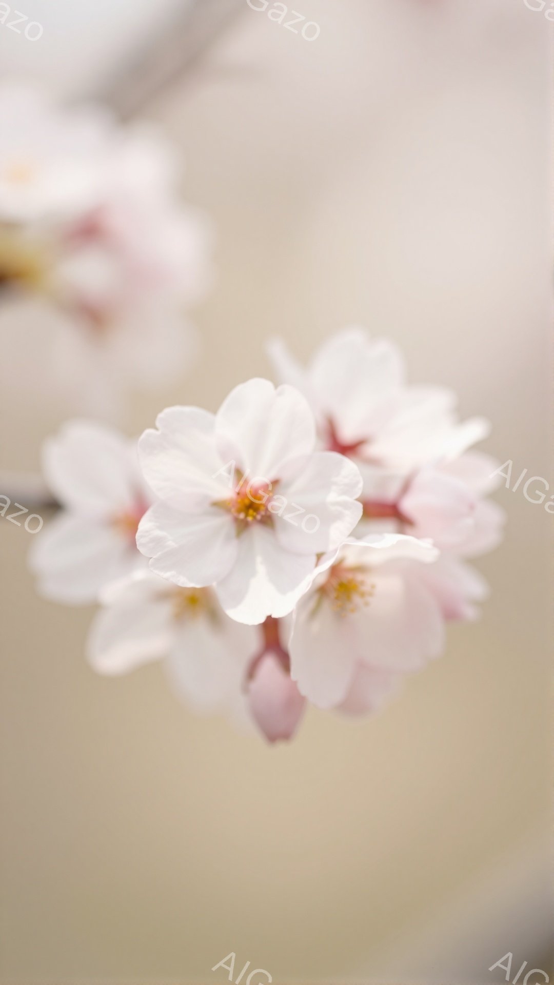 桜の花が背景をぼかしてクローズアップで捉えられています。白く繊細な花びらが開き、中心には淡い黄色の雄しべが見えます。柔らかい光が全体を包み込み、春の穏やかで優しい雰囲気を伝えています。 - AI生成フリー素材