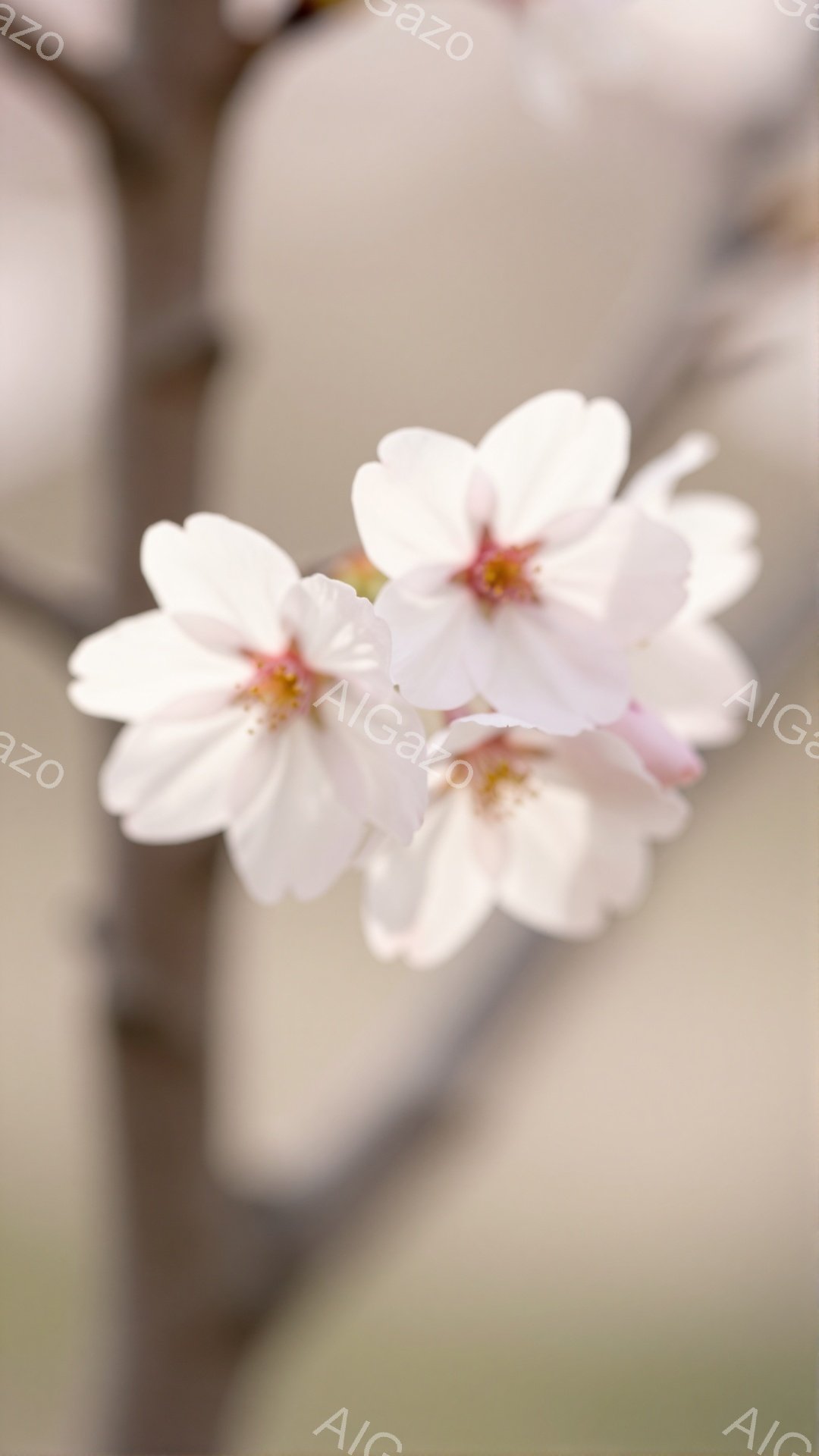 淡いピンク色の桜の花が数輪、枝先に咲き誇っている。背景はぼやけており、柔らかい光が差し込み、春の穏やかな雰囲気を醸し出している。花びらは繊細で、春の訪れを感じさせる美しい光景だ。 - AI生成フリー素材