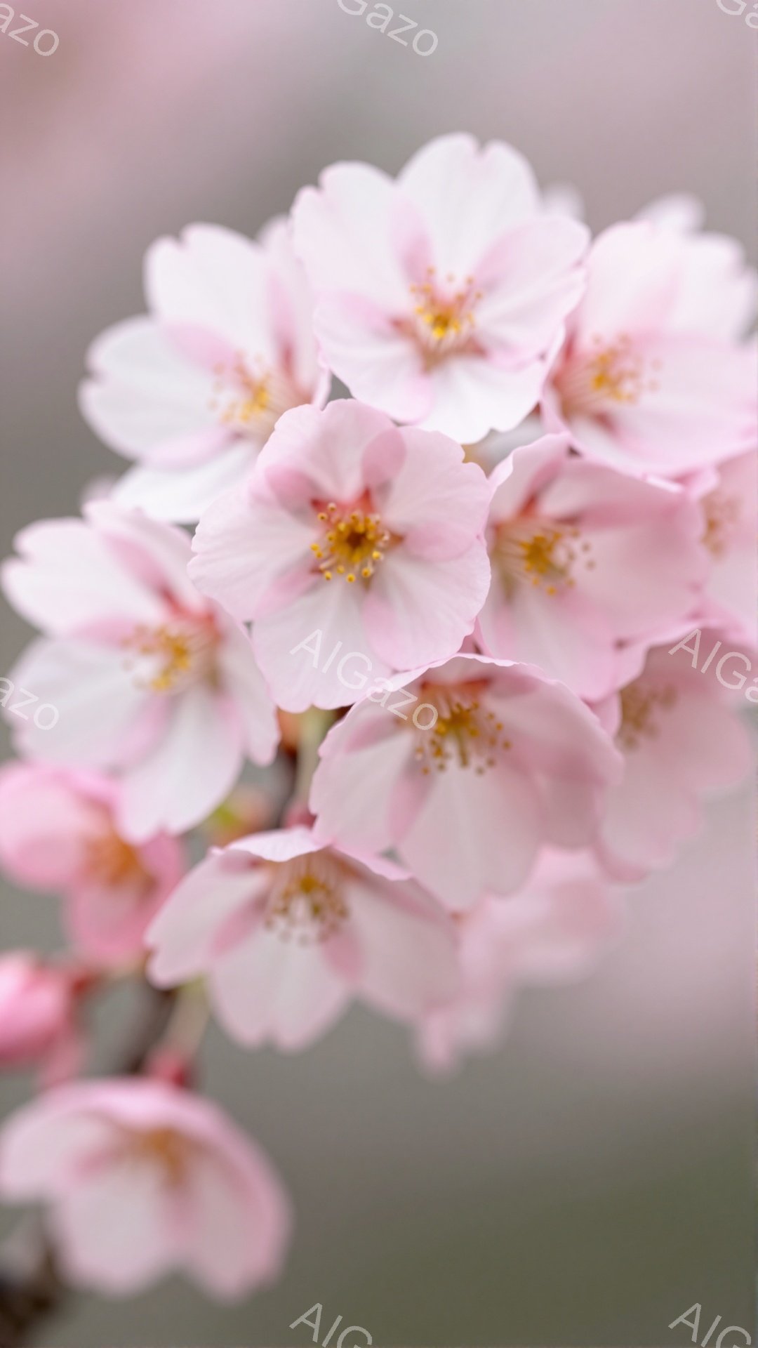 淡いピンク色の桜の花が密集して咲き誇っており、春の訪れを感じさせる一枚である。各花びらは繊細で、中心には黄色の雄しべが覗き、柔らかい光に照らされている。背景はぼやけており、桜の花の美しさが際立っている - AI生成フリー素材
