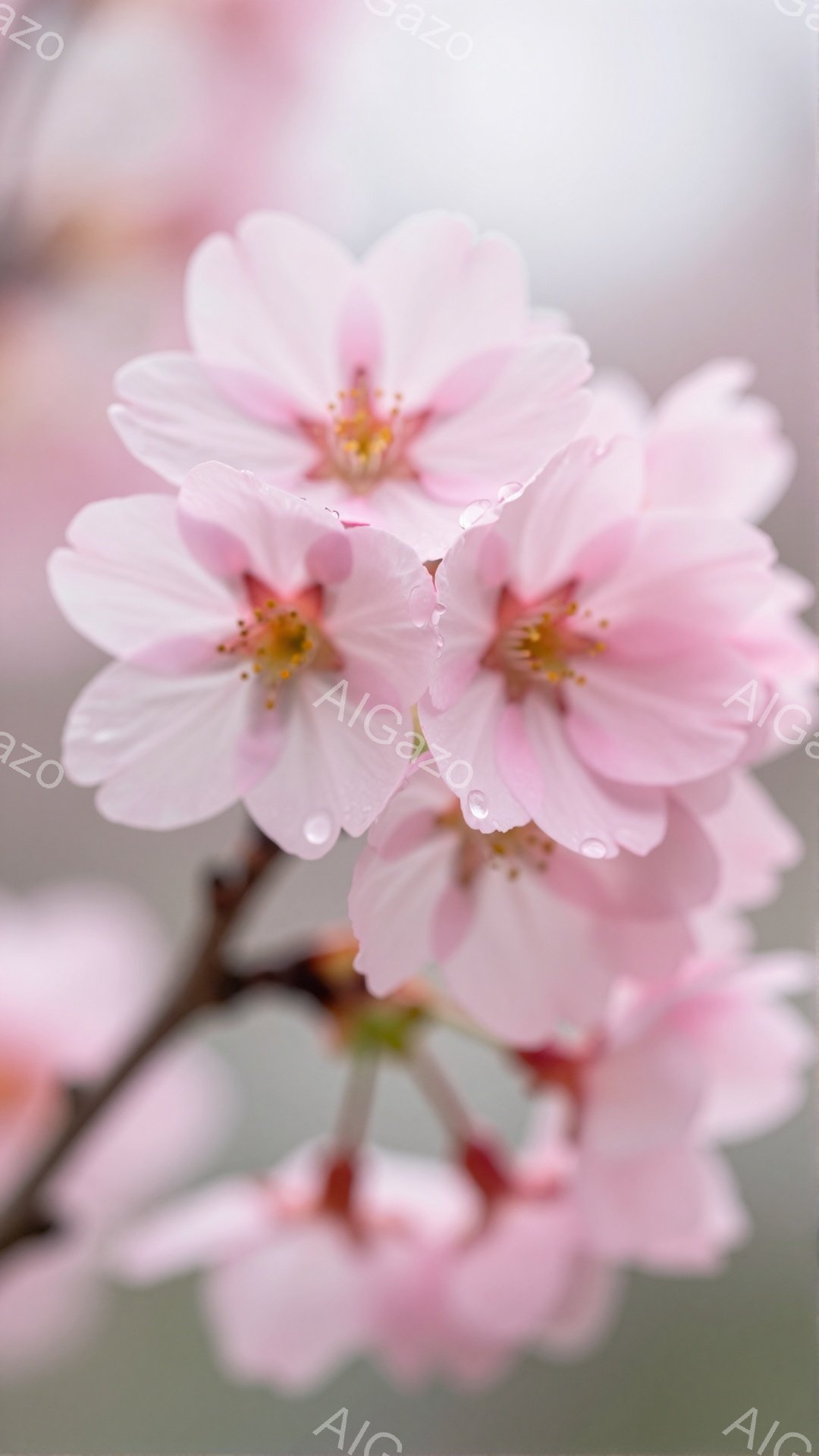 柔らかいピンク色の桜の花が咲き誇り、雨上がりの水滴が花びらに輝いている。背景は淡い緑色で、春の穏やかさと瑞々しさを感じさせる。全体的に優しい雰囲気で、一瞬の美しさを捉えた繊細な光景だ。