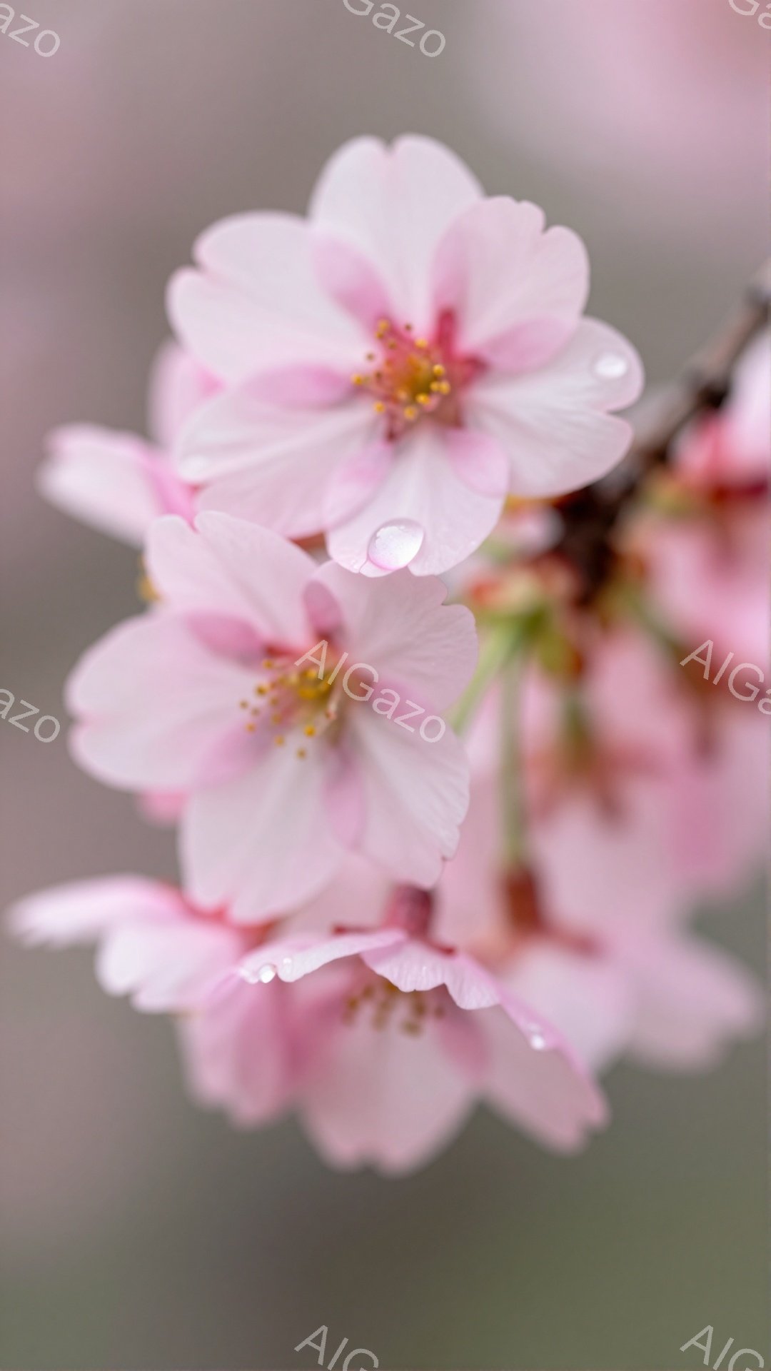 淡いピンク色の桜の花が、雨上がりのように水滴をまとって咲き誇っています。花びらは繊細で、中心の黄色い雄しべが可愛らしさを引き立てています。背景はぼかされており、桜の花の美しさが際立っています。 - AI生成フリー素材