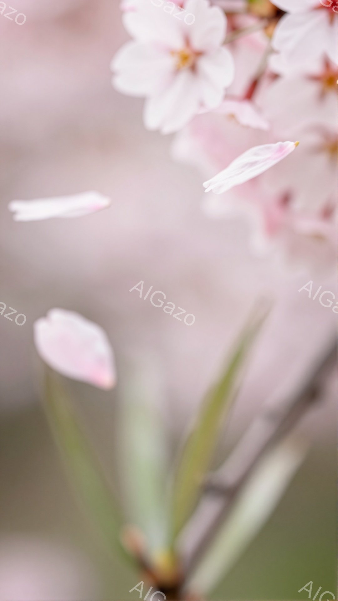 淡いピンク色の桜の花びらが舞い散る様子を捉えた写真です。背景はぼやけており、春の穏やかな空気感が伝わってきます。緑の葉がアクセントとなり、花びらの繊細さを引き立てています。 - AI生成フリー素材